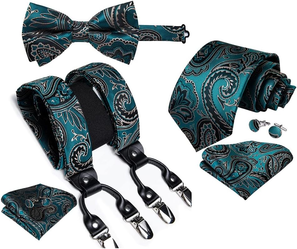 Suspenders for Men Leather 6 Clips Braces Trousers Strap Y Back Elastic Silk Suspender Bow Tie Set Men's Gift