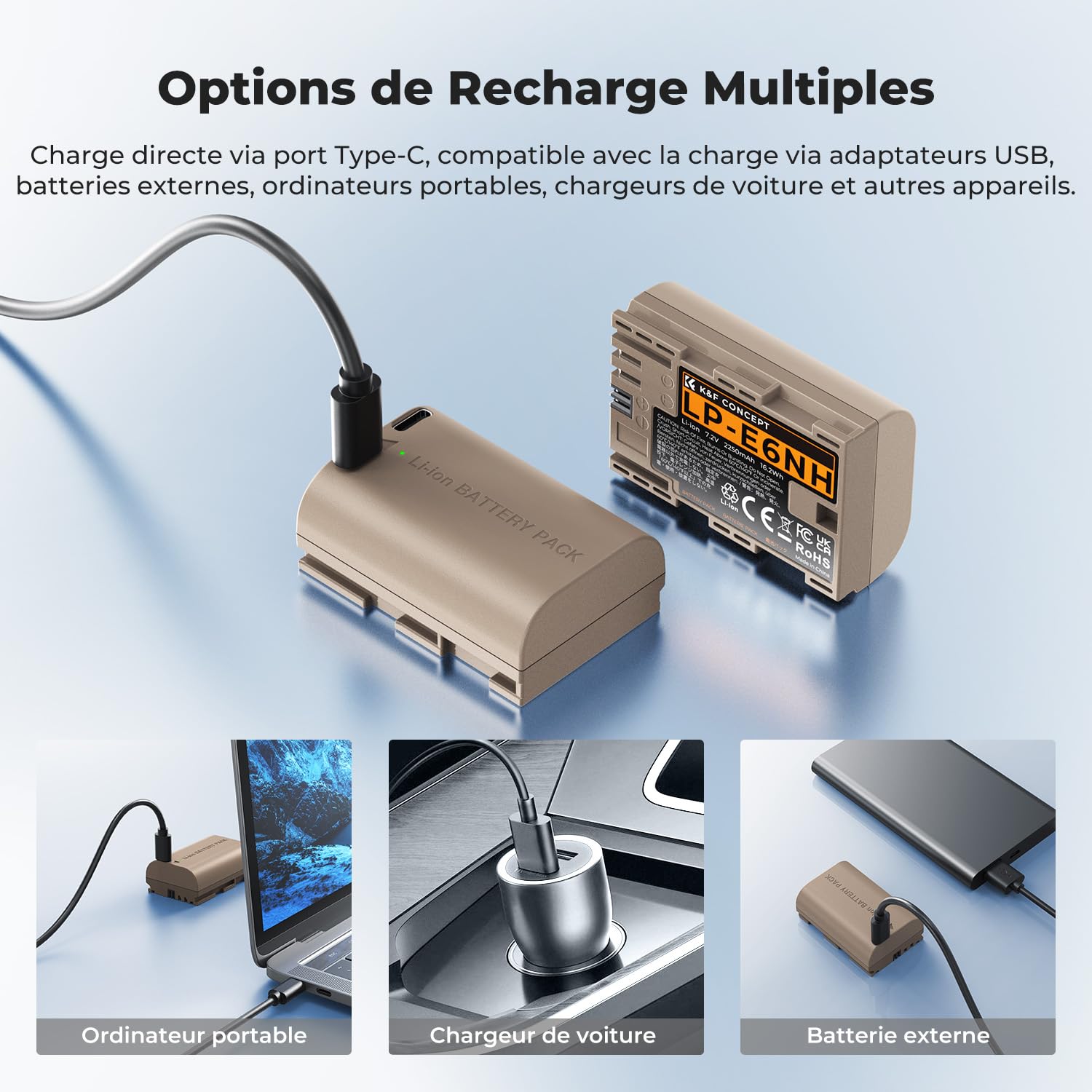 K&F CONCEPT LP-E6NH Batterie de Rechange avec Connecteur de Charge Directe de Type C Compatible avec Canon EOS 90D/80D/70D/5D Mark II III IV/5DS SR/6D/6D Mark II/R5 R6 R6 II R7 (2 Batteries)