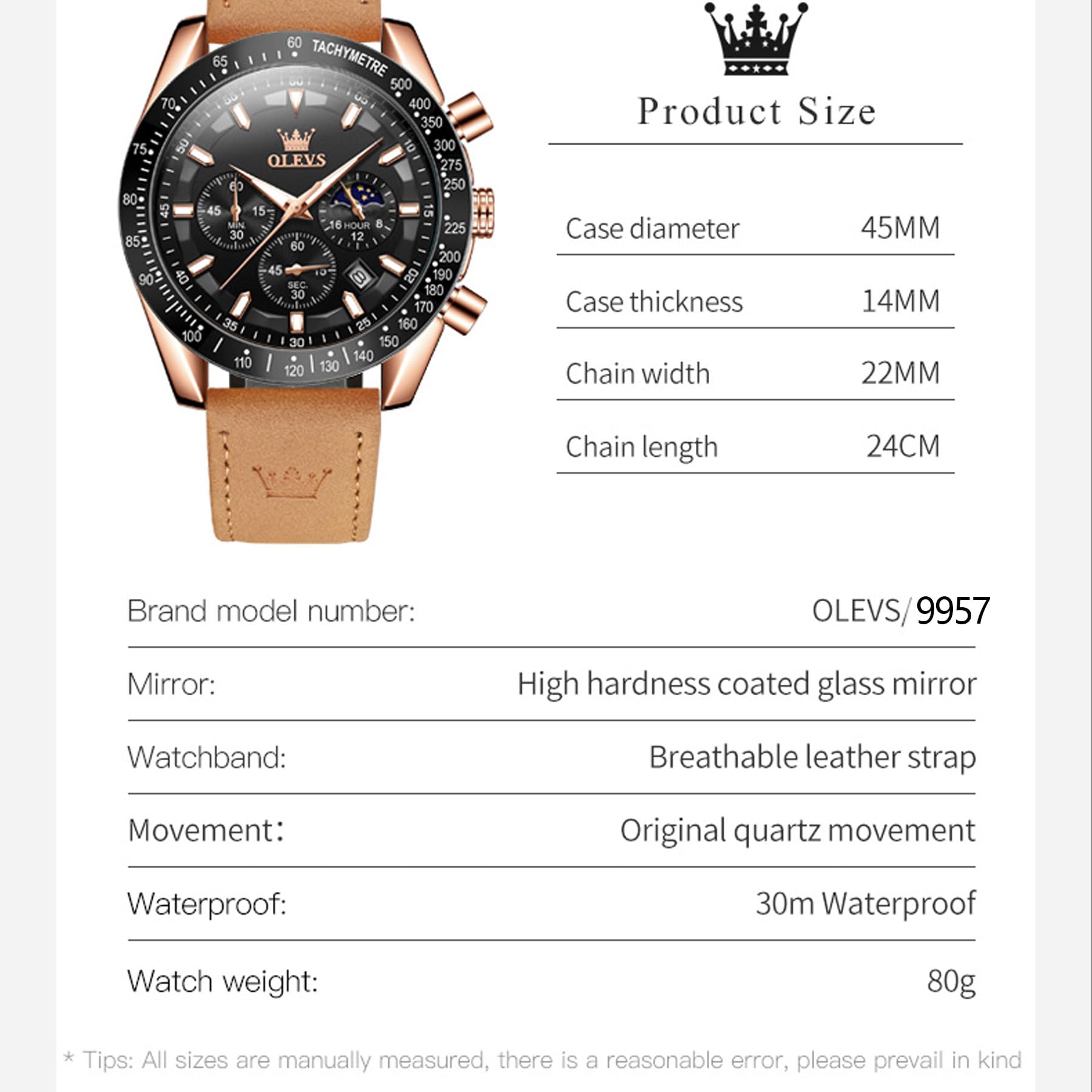 OLEVS Reloj de Hombre de Cuarzo Multifuncional Cronógrafo Correa de Cuero Marrón Impermeable Deportivo Luz Nocturna Moda Calendario Reloj Analógico, Moderno