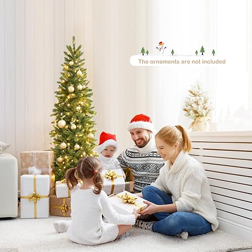Miniatura 10 de HAPPYGRILL Árbol de Navidad artificial preiluminado de 6 pies, árbol de Navidad con bisagras con 475 puntas de rama, 250 luces LED blancas frías,