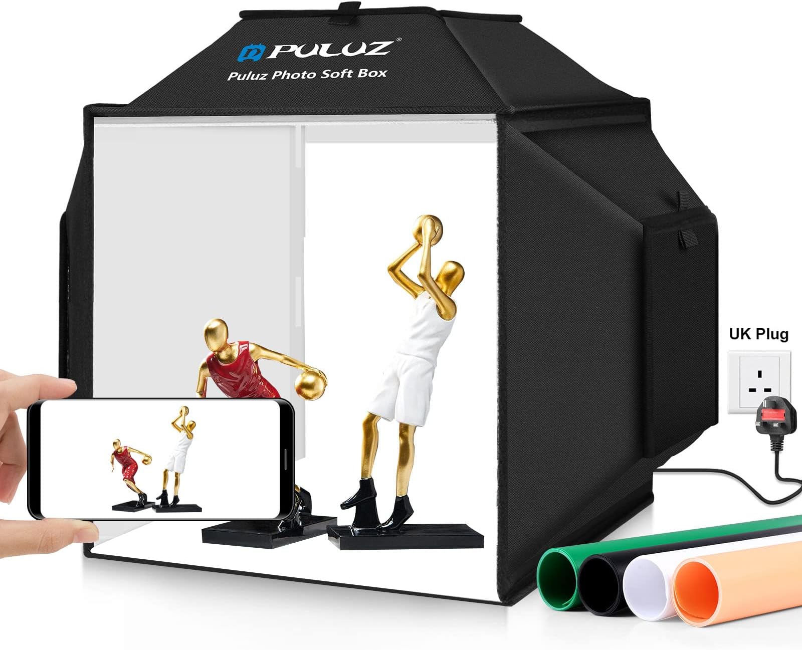 Photo Softbox Upgraded Lightbox studio Light Box,PULUZ 40cm portable Photo Studio Shooting Light Box Tent Soft Box Light Photo Kit with 480 LED Lights / 4 Color PVC Backdrops Box Photography