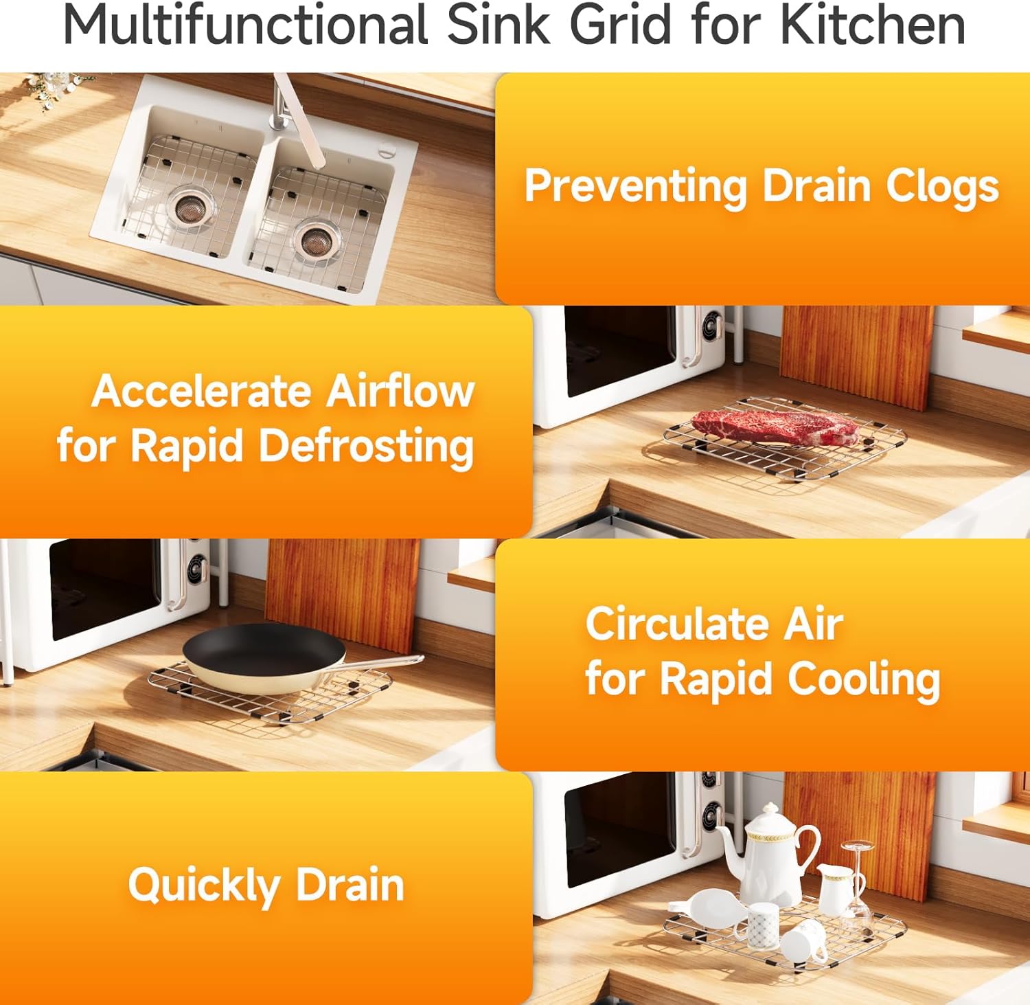 2Pack Sink Protectors，13.7"x11.6"X1"Metal Sink Protectors for Kitchen Sink，Sink Grate with Rubber Foot，Sliver Kitchen Sink Grate for Kitchen, Bathroom Sinks