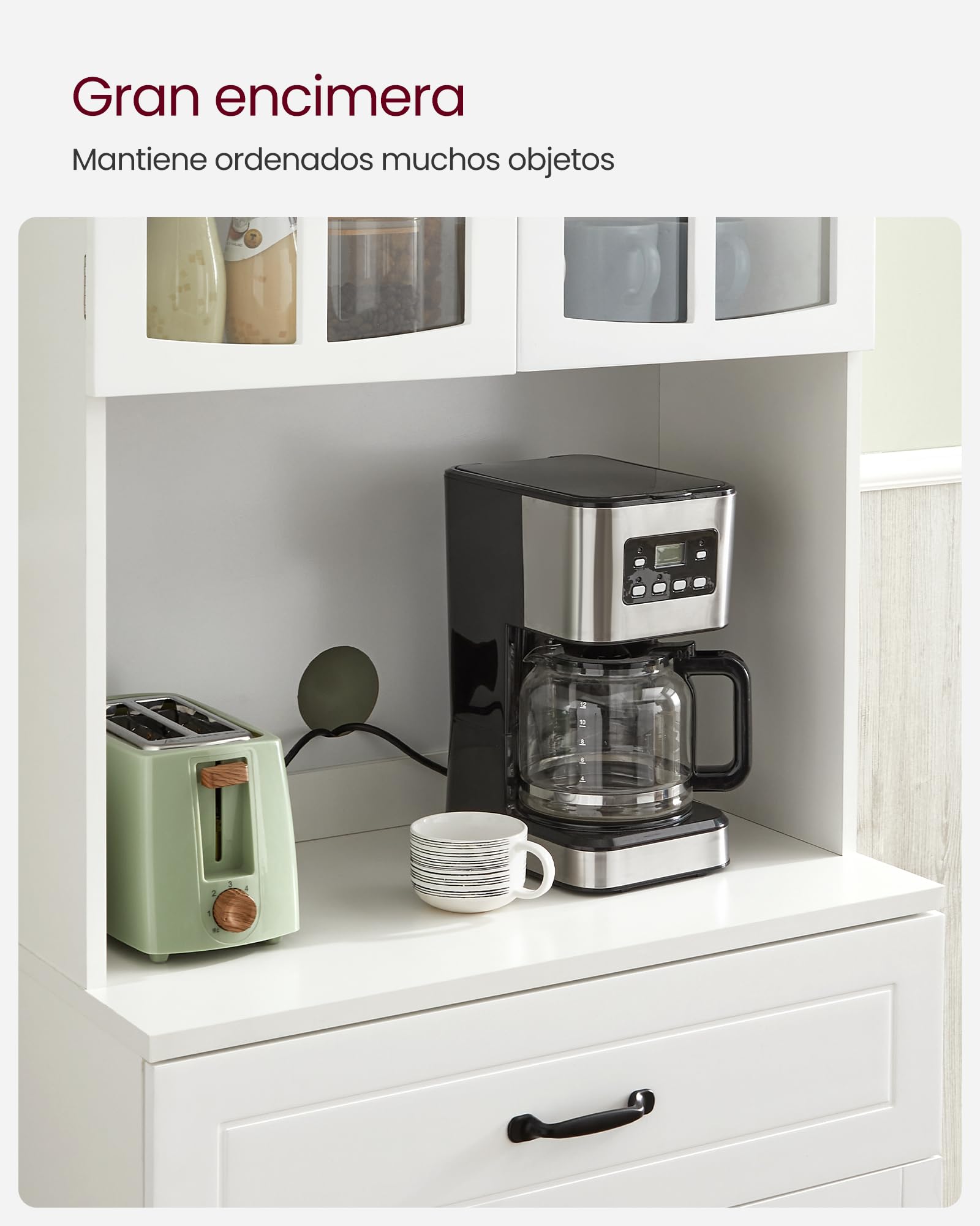 VASAGLE Armario Alto, Armario de Cocina con Puertas de Cristal y Estantes Ajustables, Cajón, Orificio para Cables, para Microondas, Estilo Moderno, Blanco LSC361W21