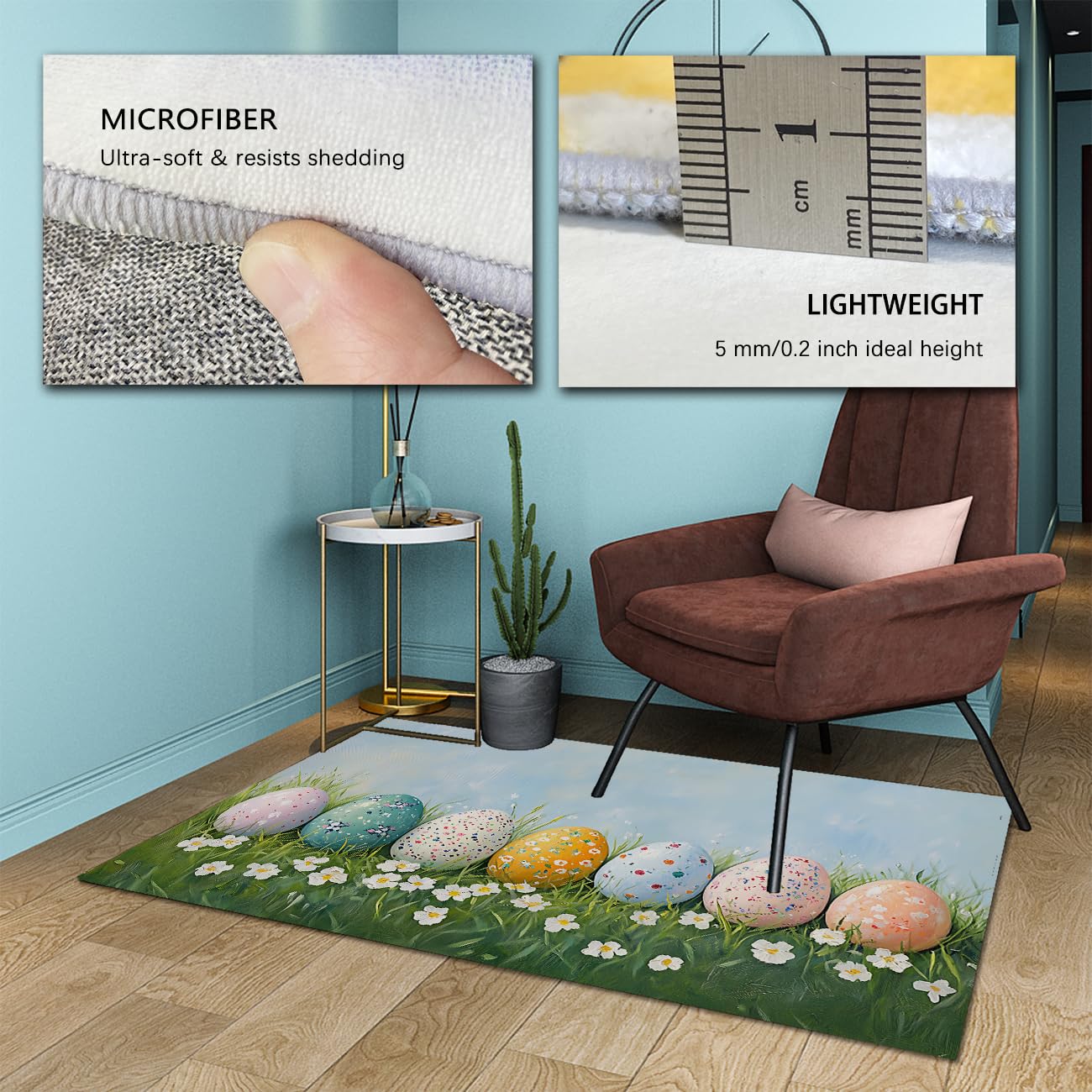Tappeto di area soggiorno lavabile 120x180cm Modern Easter Egg Spring Stamp Colorato Motivo floreale Pavimento interno sottile per casa colonica Nursery Home