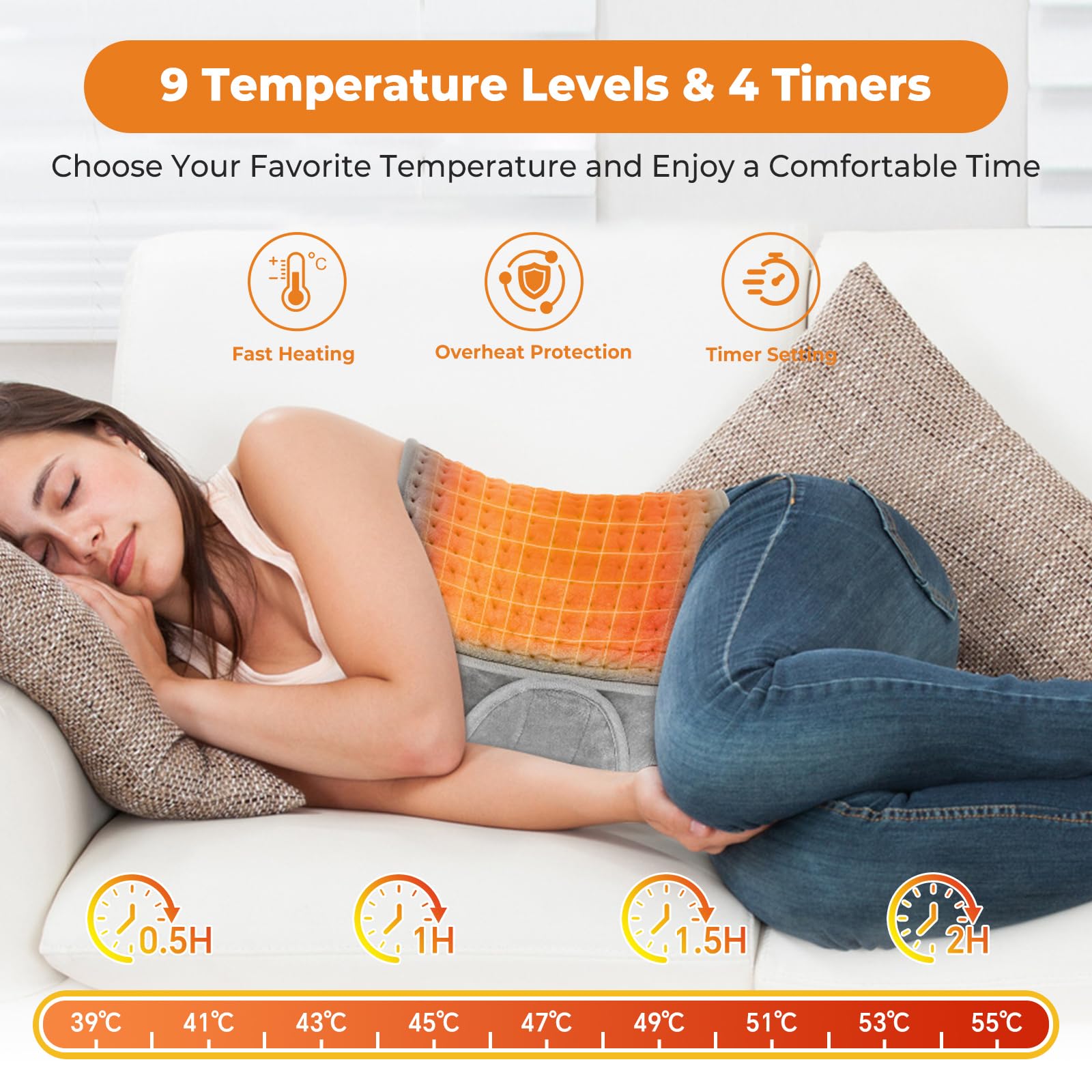 Souvik Termoforo Elettrico Lombare, Rapido Cuscino Termico Elettrico Per Schiena Spalle Addome, con 9 livelli di temperatura, 4 timer, lavabile in lavatrice per donne e uomini, 125 x 30 cm