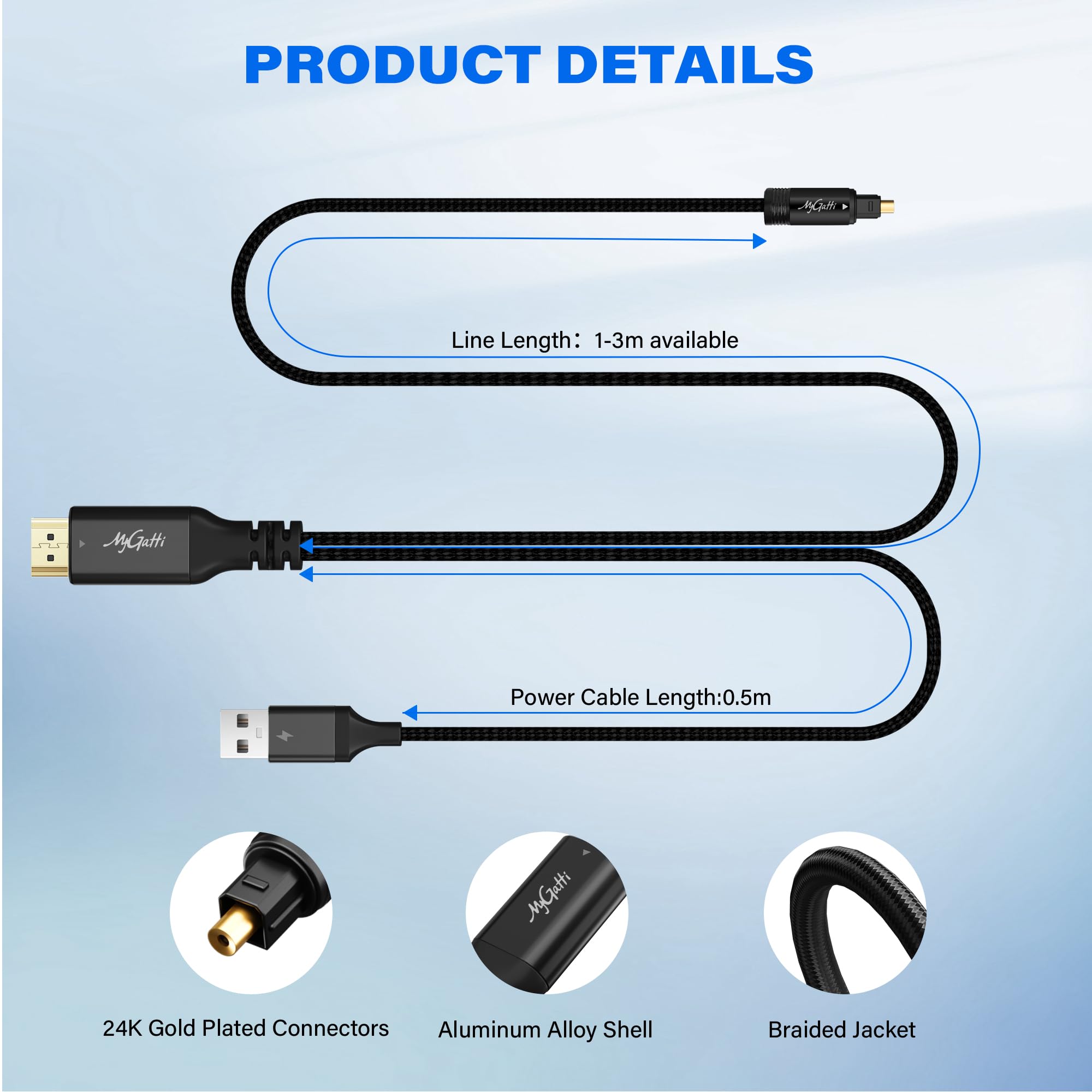 Unidirectionnel Câble convertisseur HDMI ARC/eARC vers optique Toslink 1m,192 kHz, alimenté par USB, pour connecter un TV à une barre de son, un amplificateur home cinéma ou d'anciennes enceintes