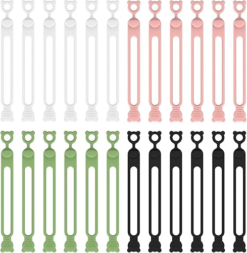 24 bridas de silicona reutilizables, organizador de cables para el hogar y la oficina, paquete de accesorios de viaje (blanco, rosa, verde, negro)