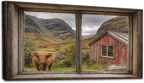 Miniatura 59 de 24"x 48" Fall Canvas Wall Art Highland Cow Rustic Vintage Forest Landscape Farmhouse Autumn Framed Pictures Painting Print Large Wall Art for Living