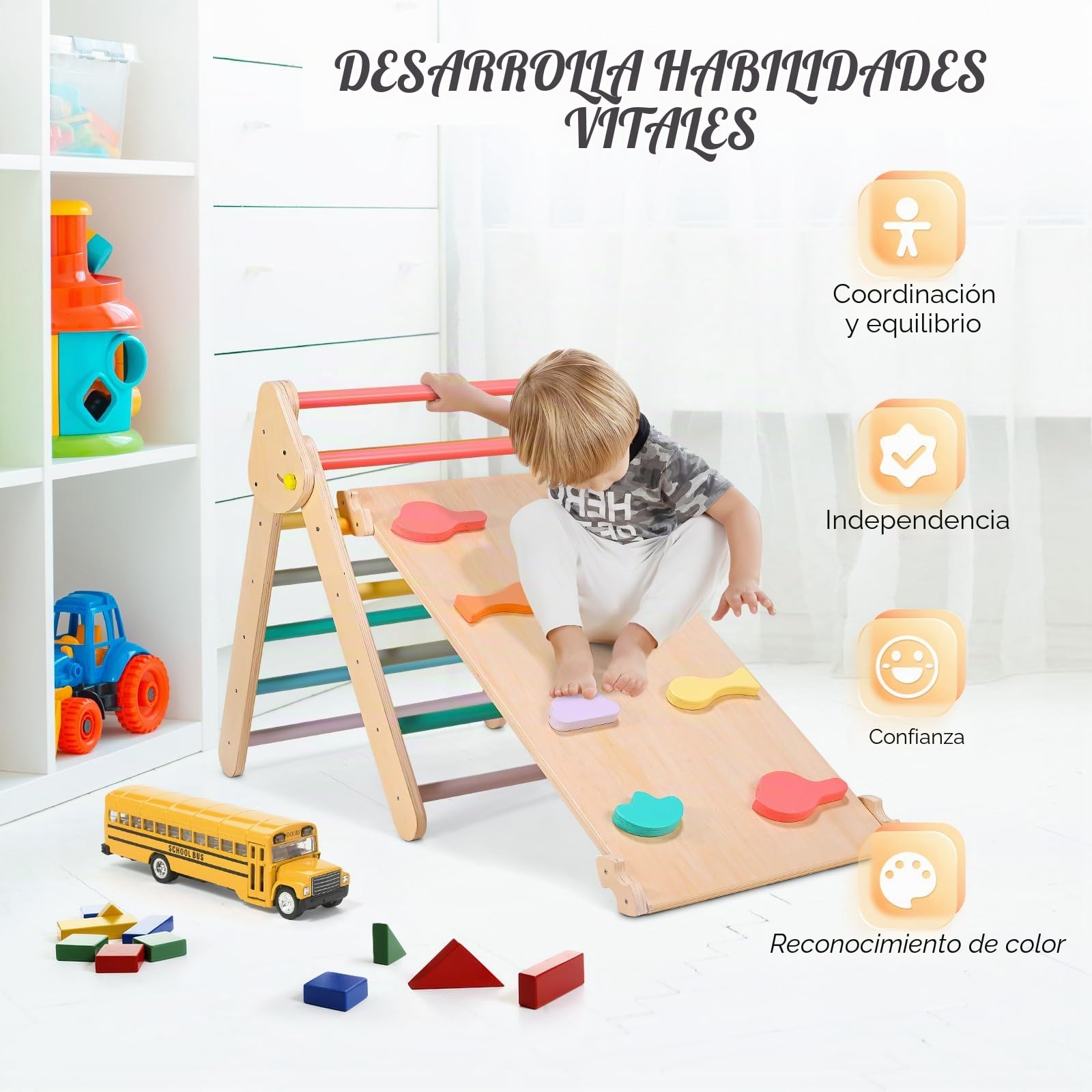 Escalera de Escalada Triangular Plegable, Swing de Madera, Juguete de Escalada Montessori, Carga 50kg para Interiores y Exteriores (2 en 1)