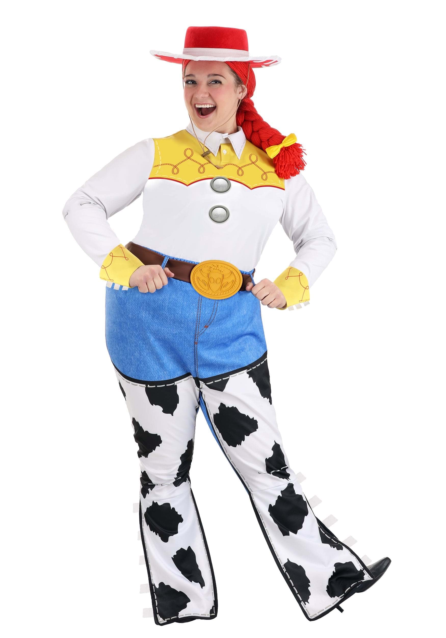 Disney's Toy Story Jessie Costume for Adults Plus Size, Two Piece Patterned Cowgirl Halloween Costume With Hat