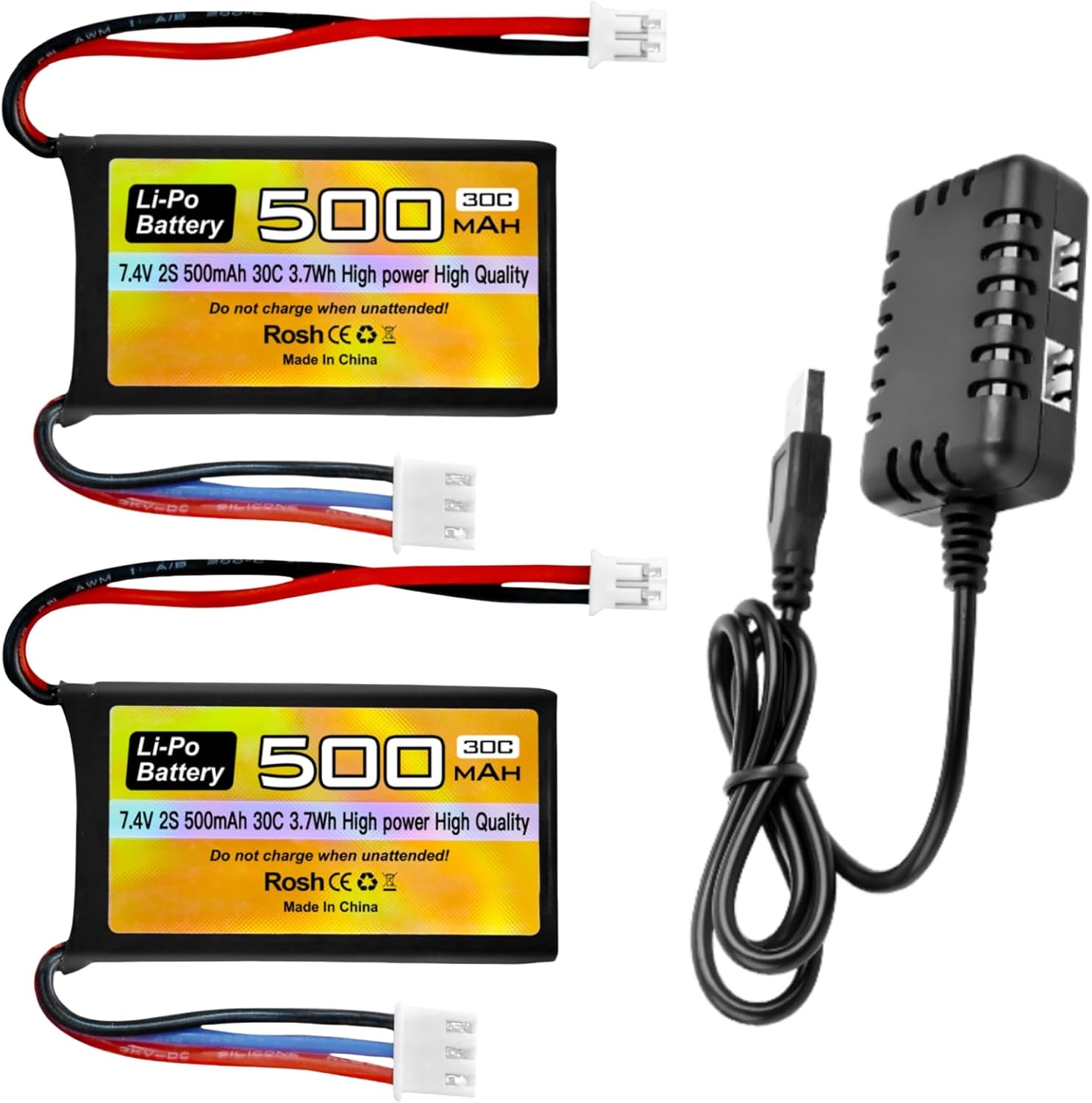 sea jump 2PCS 7.4V 500mAh 30C Lipo Battery PH2.0 Plug with 2-in-1 Charger for AX24 SCX24 RC Cars, Compatible with Most 1/10, 1/16, 1/18, and 1/24 Ratio Remote Control Cars and Trucks