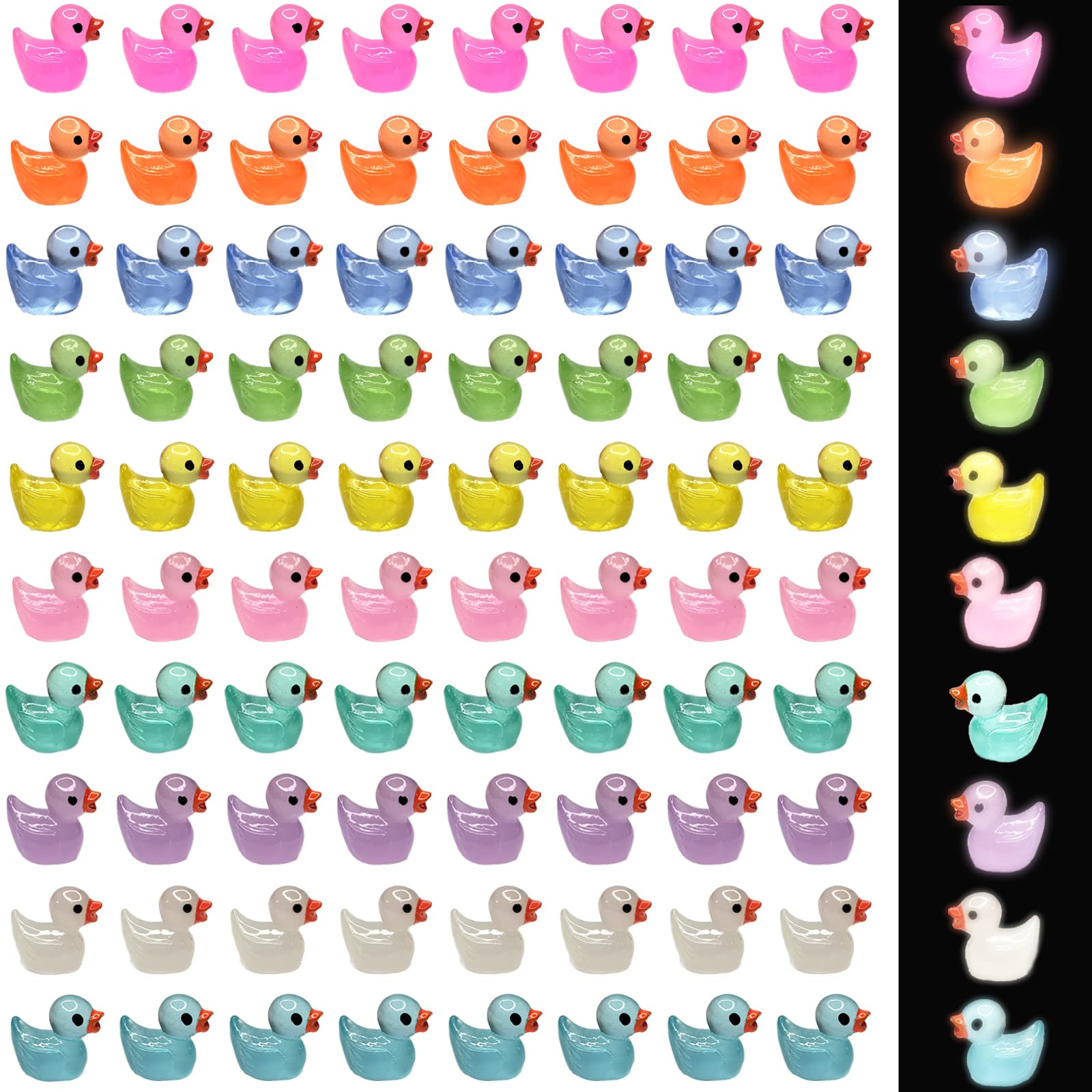 100 Pcs Mini Luminous Resin Ducks 10 Colors Tiny Ducks Ornament for DIY Gardon Dollhouse Potted Flower Family Crafts Decor