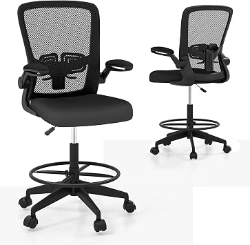 HAPPYGRILL Drafting Chair, Adjustable Height Standing Desk Chair with Armrest, Footrest Ring and Lumbar Support, Tall Office Chair Executive Computer Chair for Home Office 1, Black