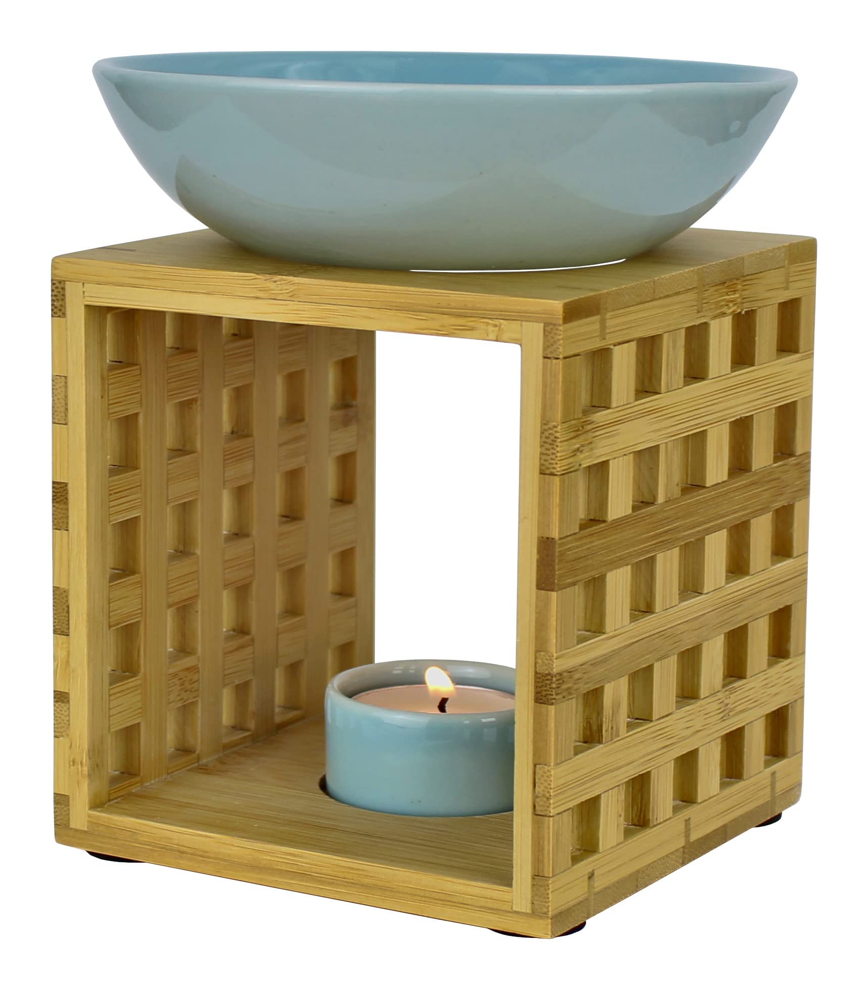Bitto Duftlampe Riga Weißblau mit Kerze, große Schale, Fair Trade, Aromalampe aus Bambusholz und Keramik