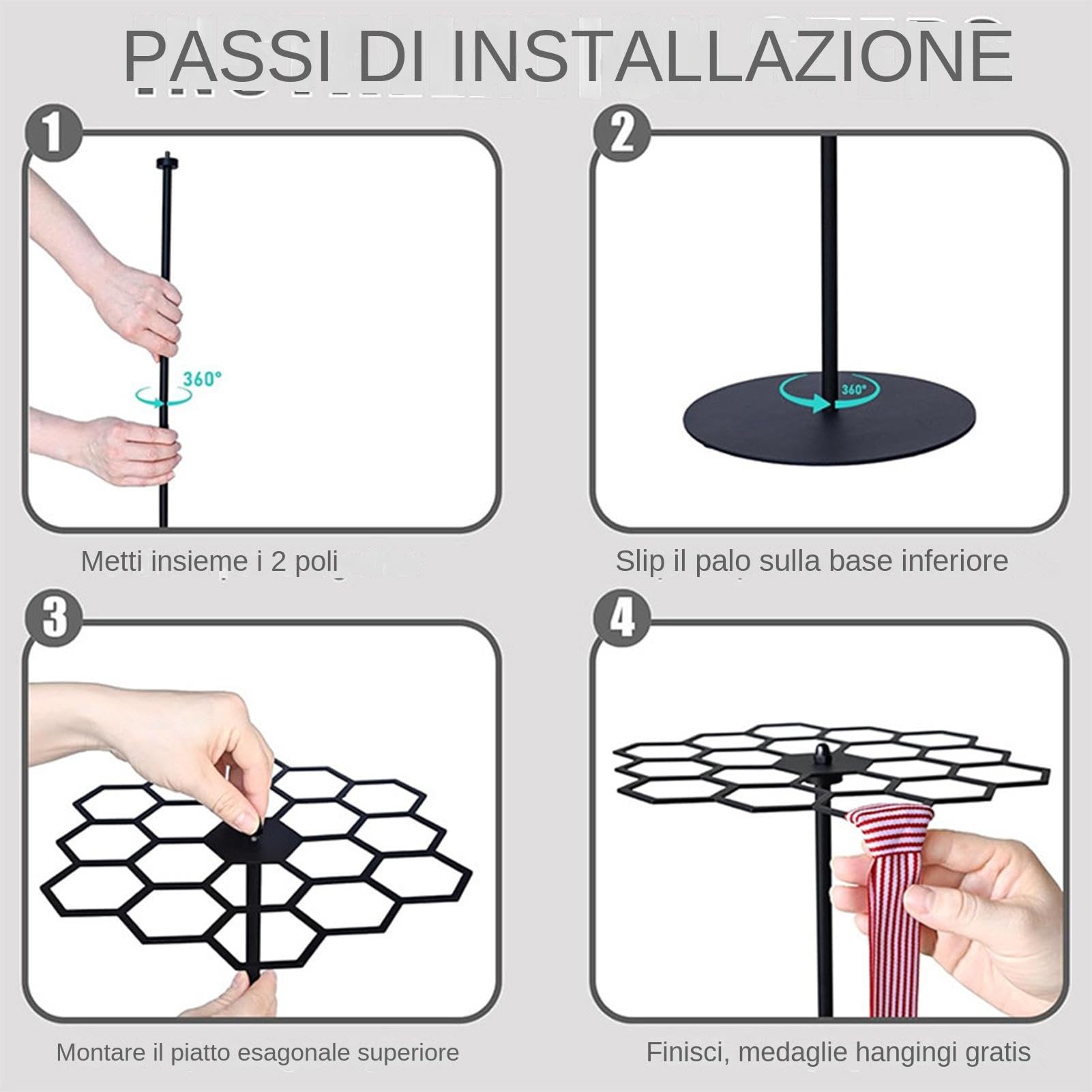 Appendino per medaglie rotante | Espositore girevole per medaglie | Espositore girevole per medaglie, supporto regolabile per premi, per basket, sport e gare 7,1x20,7x9,8 pollici/18x52,6x24,9 cm