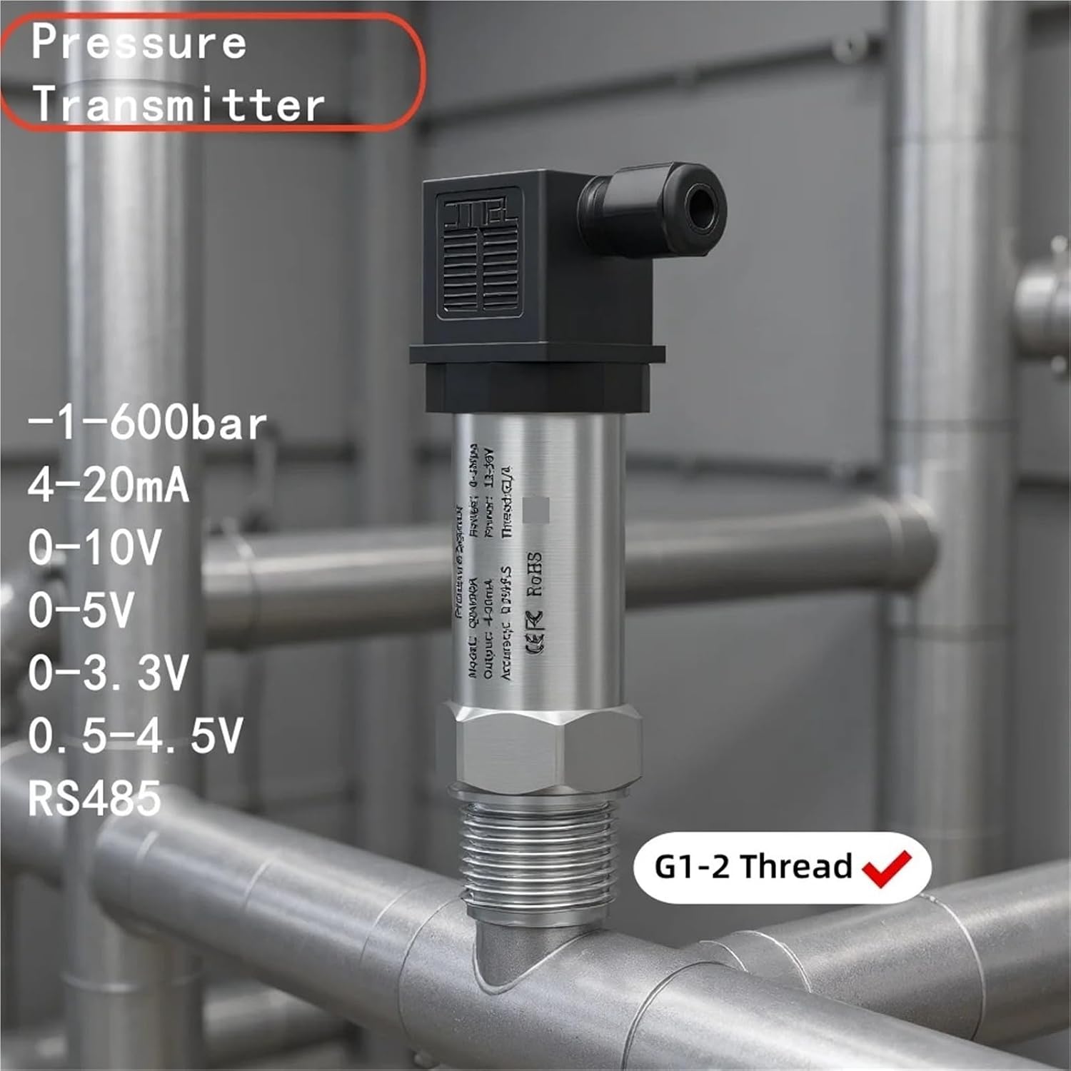 G1/2" Pressure Sensor 4-20mA 0-10V 1bar/10bar/100bar/400bar Oil Water Gas Transmitter 100Kpa IP65 Transducer(0-10Bar)
