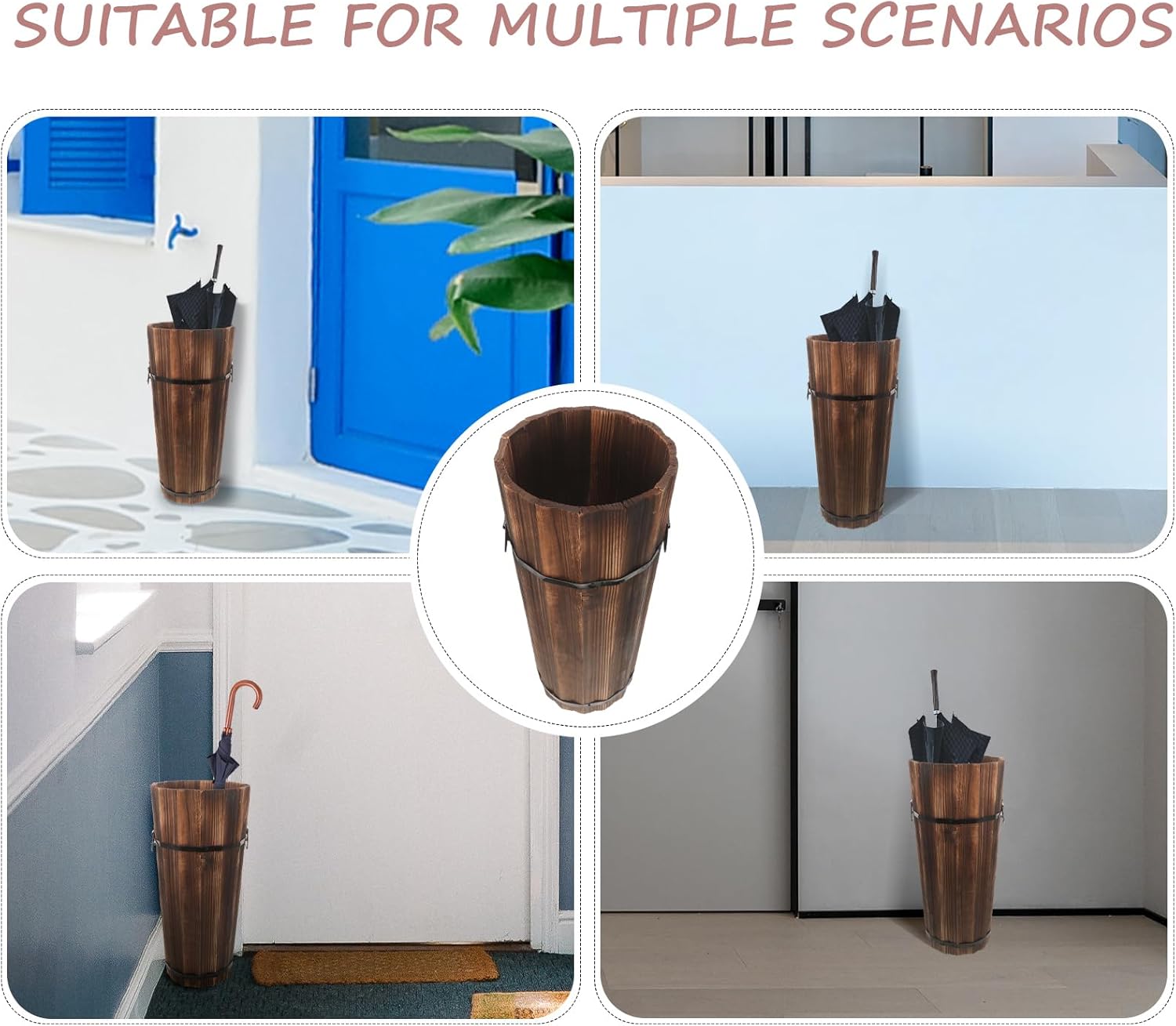 Luxshiny Wooden Umbrella Stand Entryway Rustic Umbrella Holder Freestanding Umbrella Bucket Barrel Rack Canes Walking Sticks Golf Clubs Organizer Flower Floor Vase for Porch