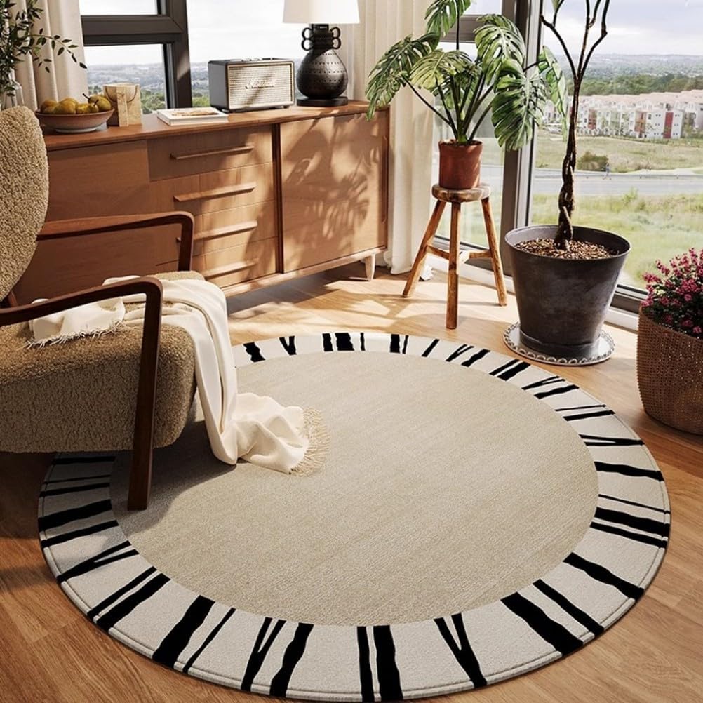 Black Beige Stripe Pattern Modern Simple Stylish Round Area Rug 7x7 Ultra Soft Wool Waterproof Fluffy Rug for Bedroom Dorm Diningroom Unique Deco Rug Guestroom Office Kitchen Indoor Floor Carpet