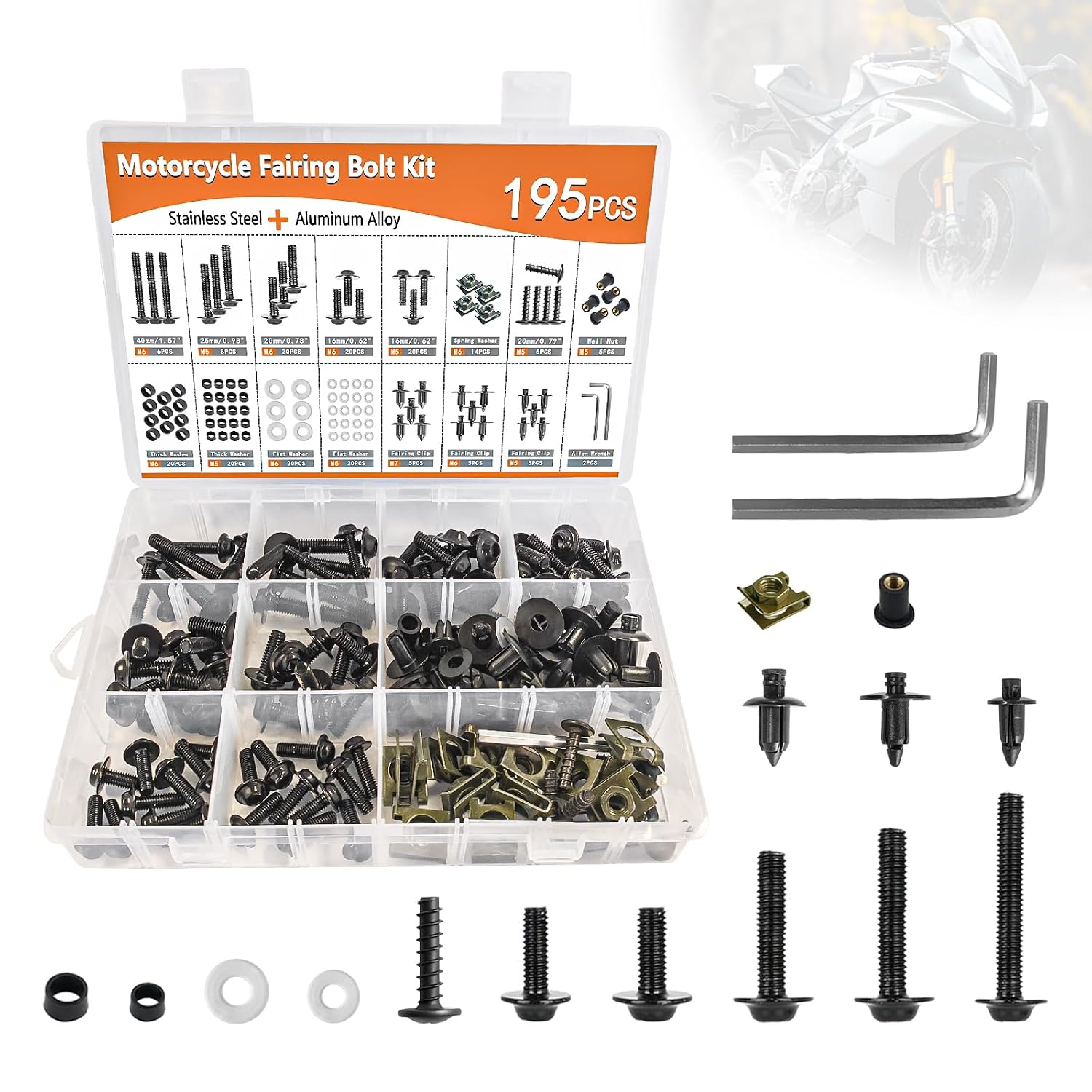 Motorcycle Fairing Bolt Kit, 195Pcs M5 M6 Stainless Steel Motorcycle Windscreen Screws Black Fasteners Fairing Bolts Nut Clips Kit Universal for Kawasak Suzuki Honda Ducati Yamaha BMW GSXR Motorcycle