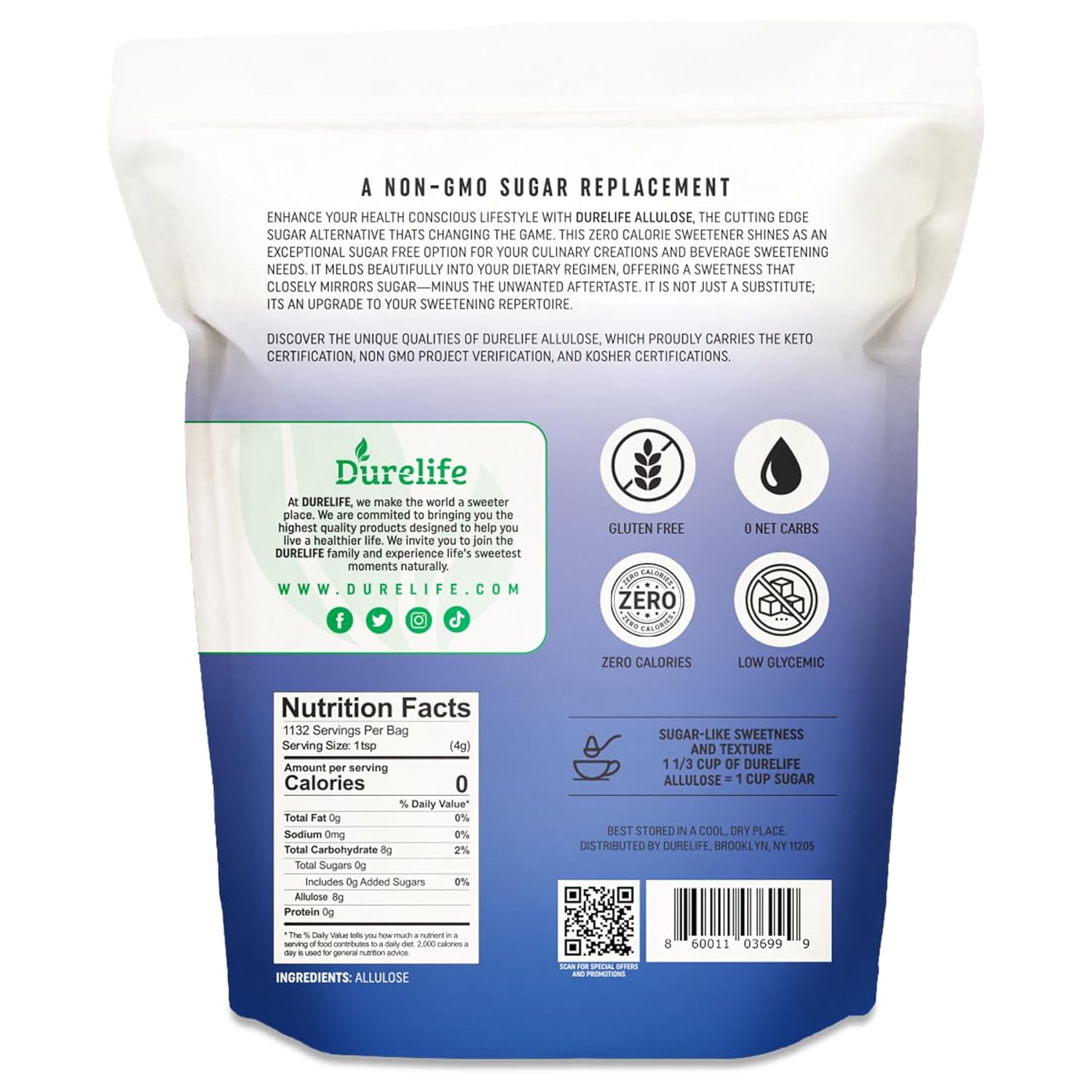 Durelife Allulose sweetener, 10 lb 100% Pure No Erythritol powdered Sugar Substitute, NON-GMO Project Verified, Keto Certified, OU kosher, No Fillers, Zero Calories sugar alternative 10 Lbs