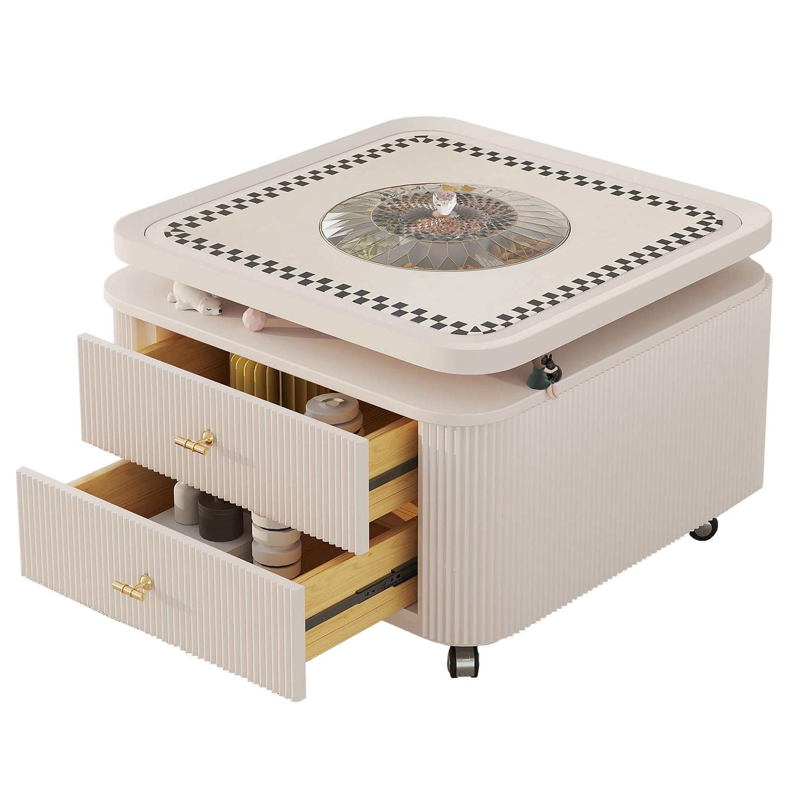SXZenSpace Nesting Coffee Table Set of 2, Square Tables with 2 Drawers, Side Living Room, Luxury Modern Accent Center for Room(White,Large)