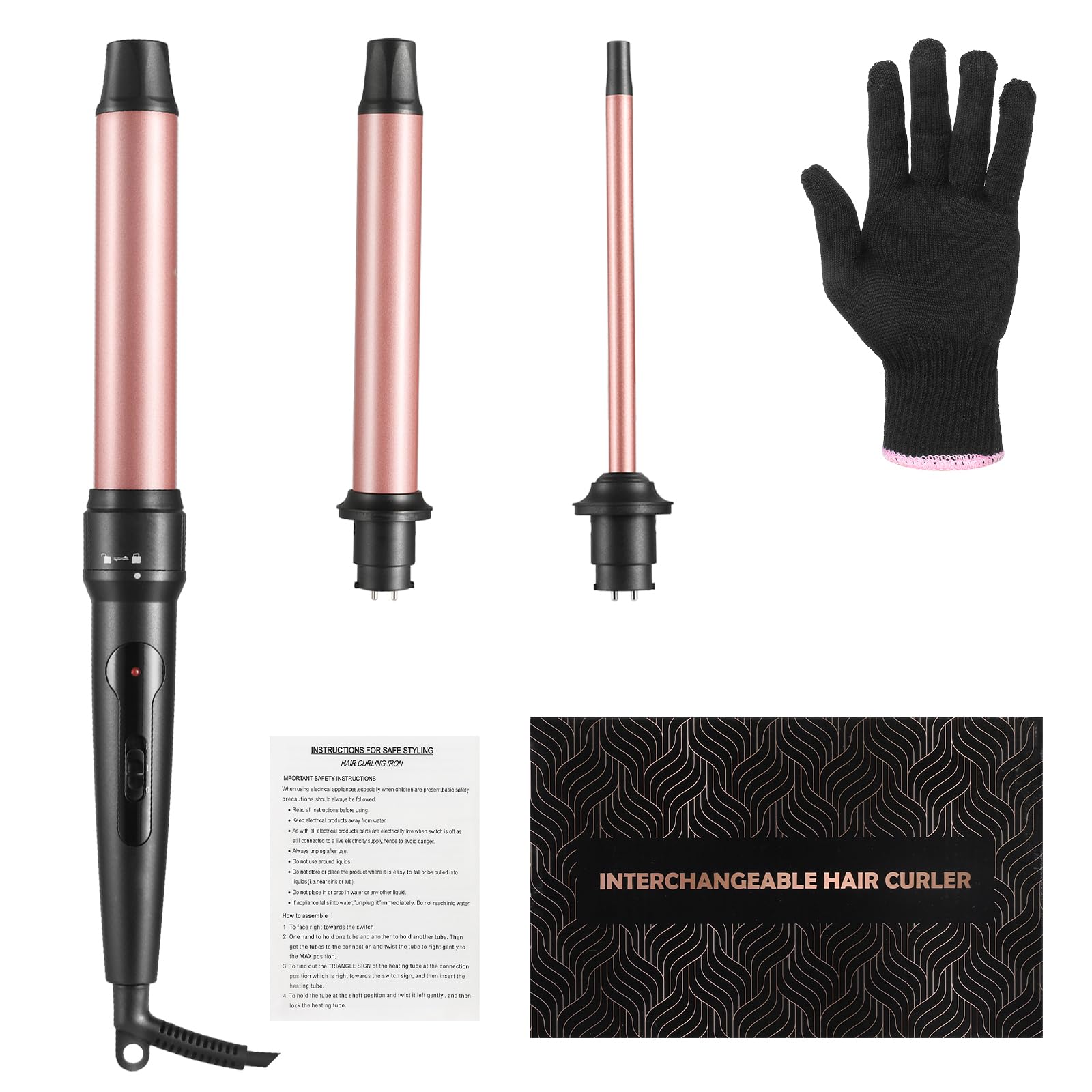 3 in 1 Curling Wand Set with Ceramic Barrel and Interchangeable Attachments