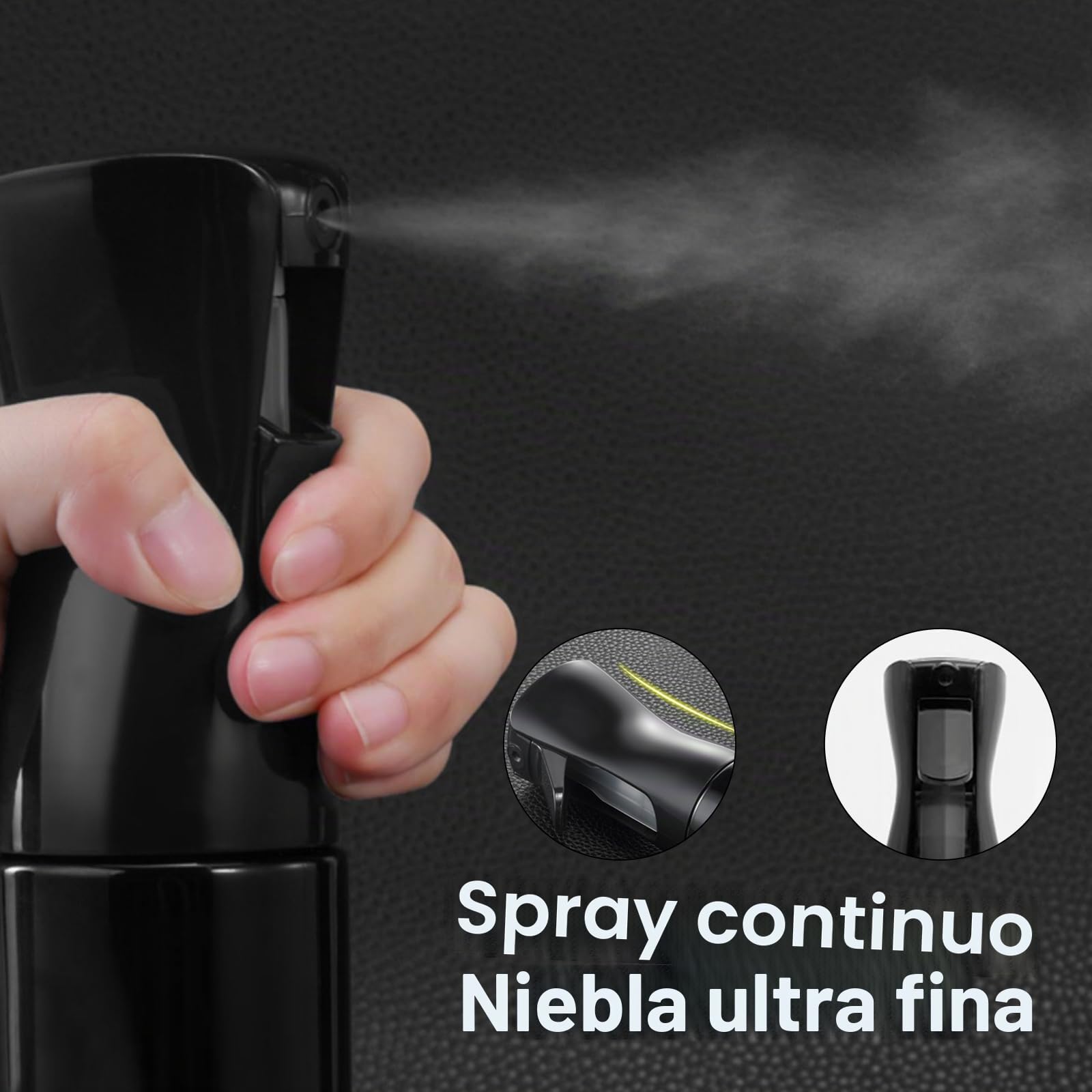 2 botellas de spray para el cabello de 200 ml con niebla fina continua para plantas, limpieza, alcohol, etc. (negro)