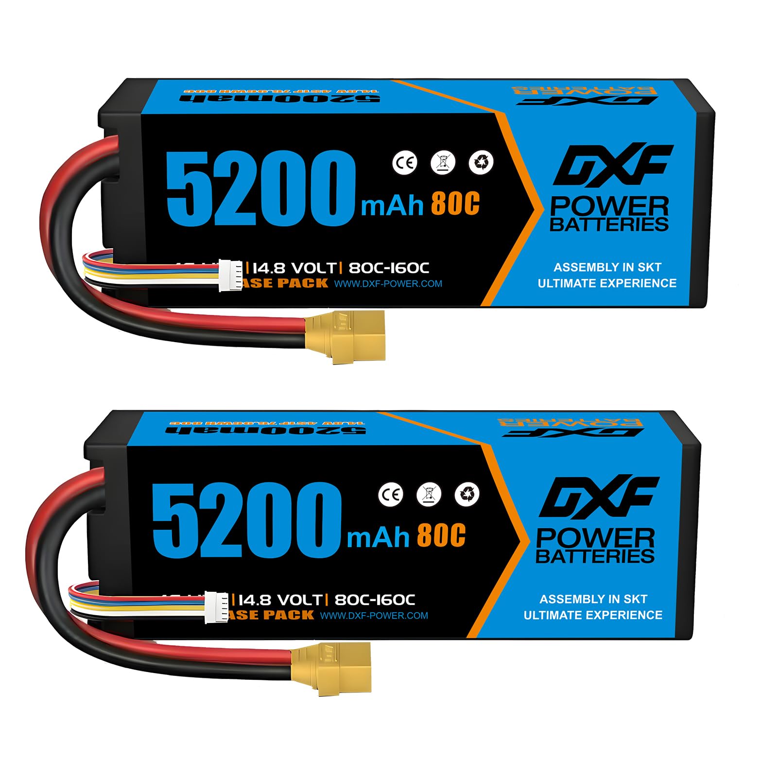 DXF 4S LiPo Battery 14.8V 5200mAh 80C Hard Case 2 Pack for RC Buggy Truggy Crawler Monster Truck Boat Car Helicopter Drone 1/8 1/10 Scale High Speed Off-Road Racing XT90 Plug Long Runtime