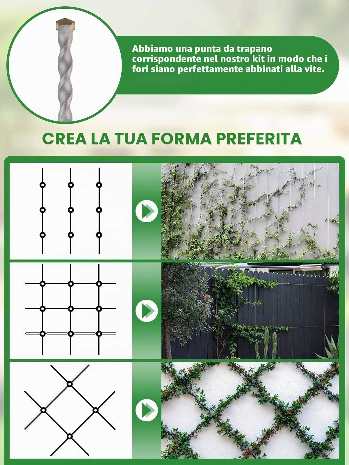TOROKOM 185PZ Kit Tralicci da Giardino 30m per Piante Rampicanti, Acciaio Inox T316 Resistente, Sistema di Sostegno a Parete per Fiori e Viti