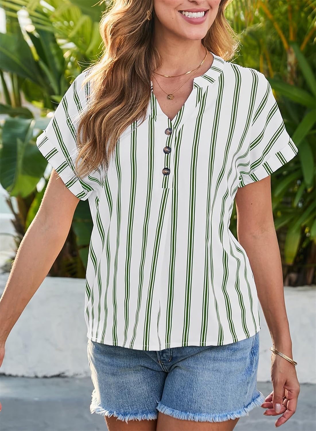 Dokotoo Women’s Summer Short Batwing Sleeve Button Shirts Business Casual Striped Color Block V Neck Lightweight Tops Blouses - Image 5