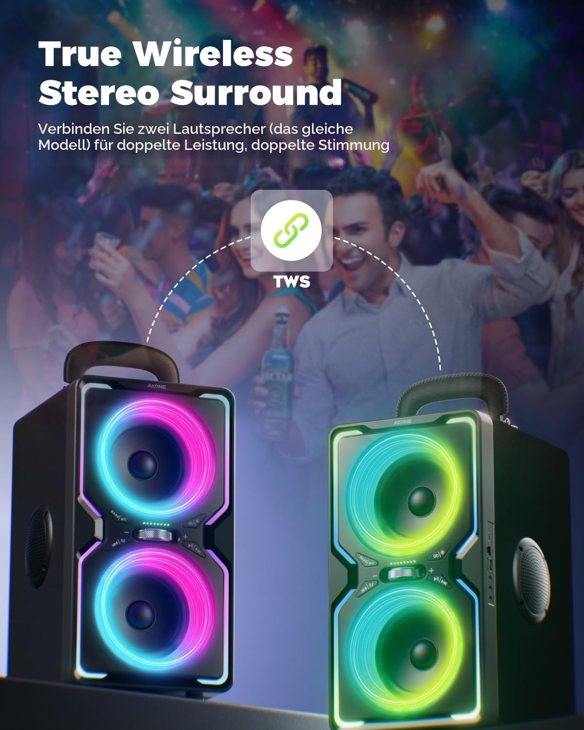AKONE Party Bluetooth Lautsprecher, 240W Musikbox Bluetooth Groß, Loud Sound Partybox, Natur Super Bass,15H,TWS, Bunte LED-Lichtshow, Soundbox für Party, Camping, Beach, Backyard, Home