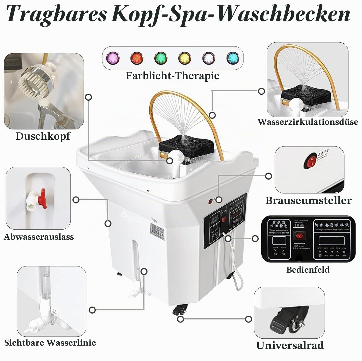 Head Spa Gerät,Japanese Head Spa Equipment,Haarwaschbecken für Bettlägerige mit 60L Wassertank, Mobiles Waschbecken, inklusive Dampfbegaser und Dampfhaube, für Kopf Spa und Friseursalons