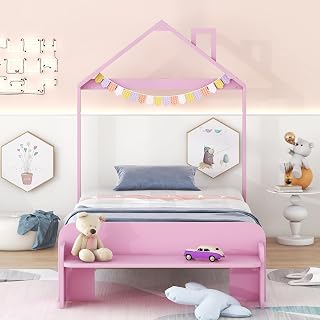 VilroCaz Twin Size Wood Platform Bed with House-Shaped Headboard and Footboard Bench, Solid Wood Kids Platform Bed Frame for Kids Teens Boy Girls, No Box Spring Required (Pink-B)