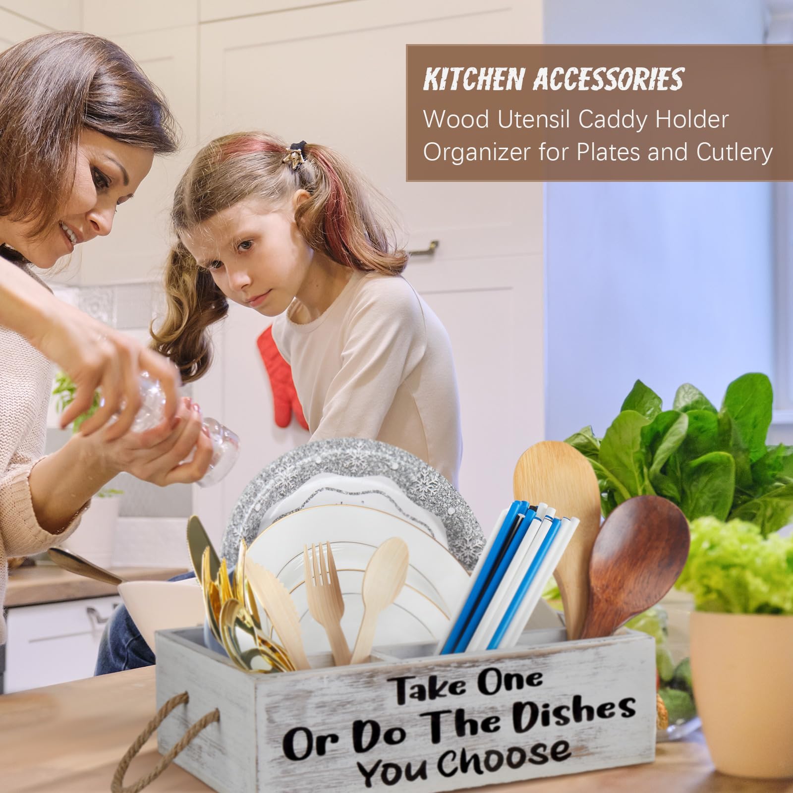Kit de soporte para utensilios de cocina, 1 soporte para platos de encimera de cocina y 1 organizador de tazas grande, organizador de utensilios de madera para platos, tazas, tenedor, 5