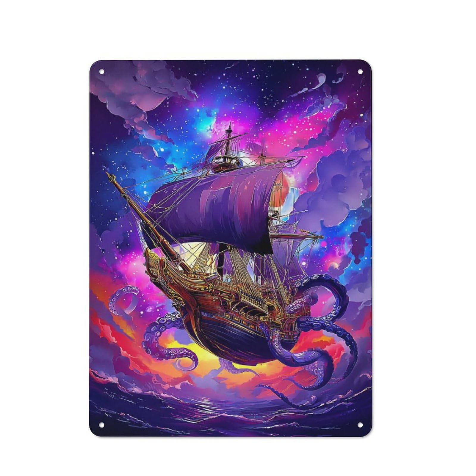 Junmoney Octopus Ship In Fantasy Sky Vintage Metal Wall Decor 40X30cm, Tin Wall Sign For Coffee Bar, Kitchen, Bistro Or Tea Corner