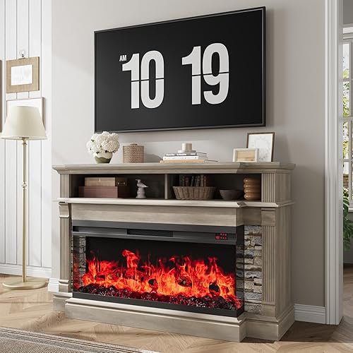 Miniatura 2 de QUW - Soporte de televisor con chimenea para televisores de hasta 65", Centro de entretenimiento rústico de 52" con chimenea eléctrica de vidrio
