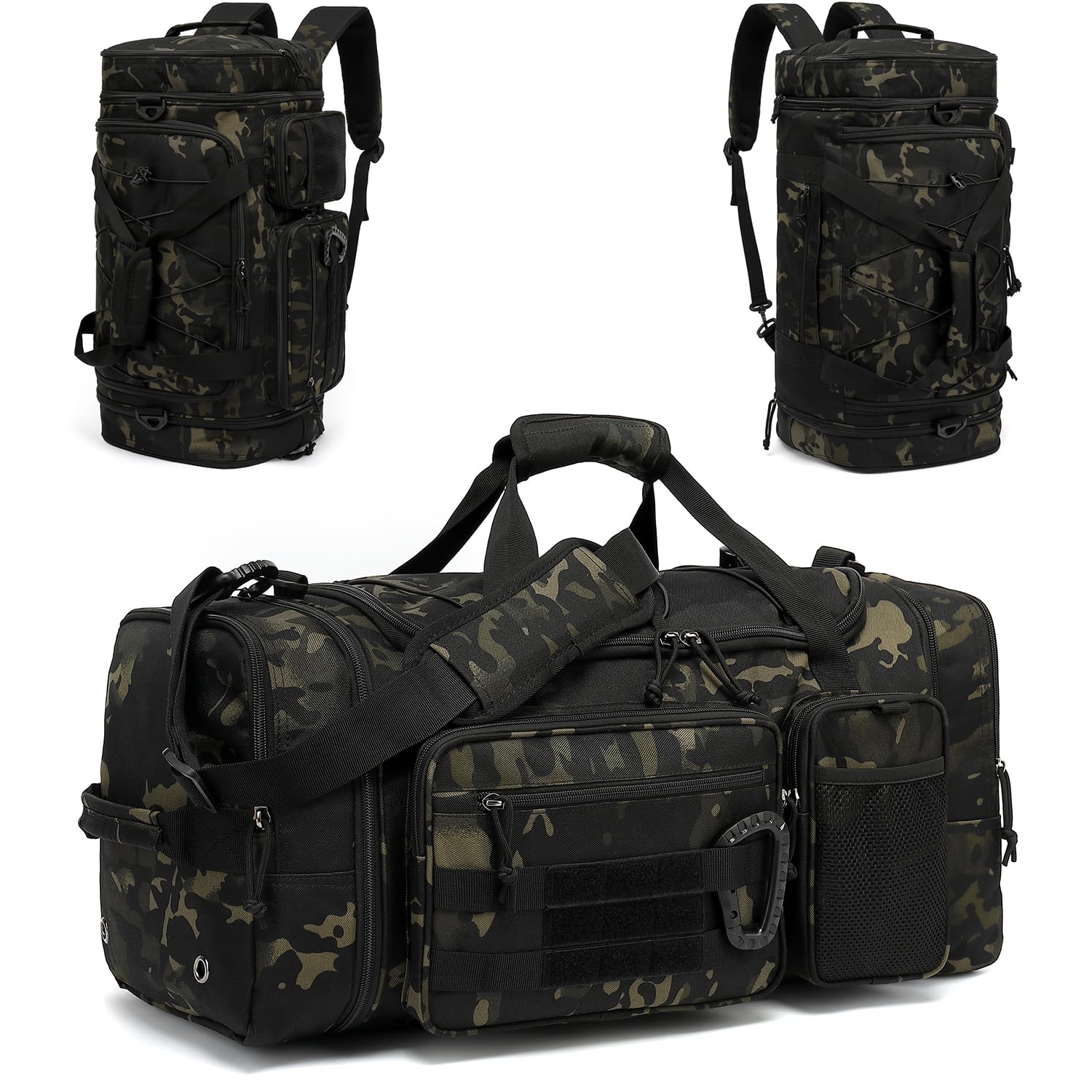Borsone Tattico Palestra Uomo 50-55 Litri Espandibile 3 in 1 Borsa Zaino Sportiva Grande Militare da Viaggio con Scomparto per Scarpe e Tasca Bagnata per Allenamento, Viaggi, Campeggio, Camo