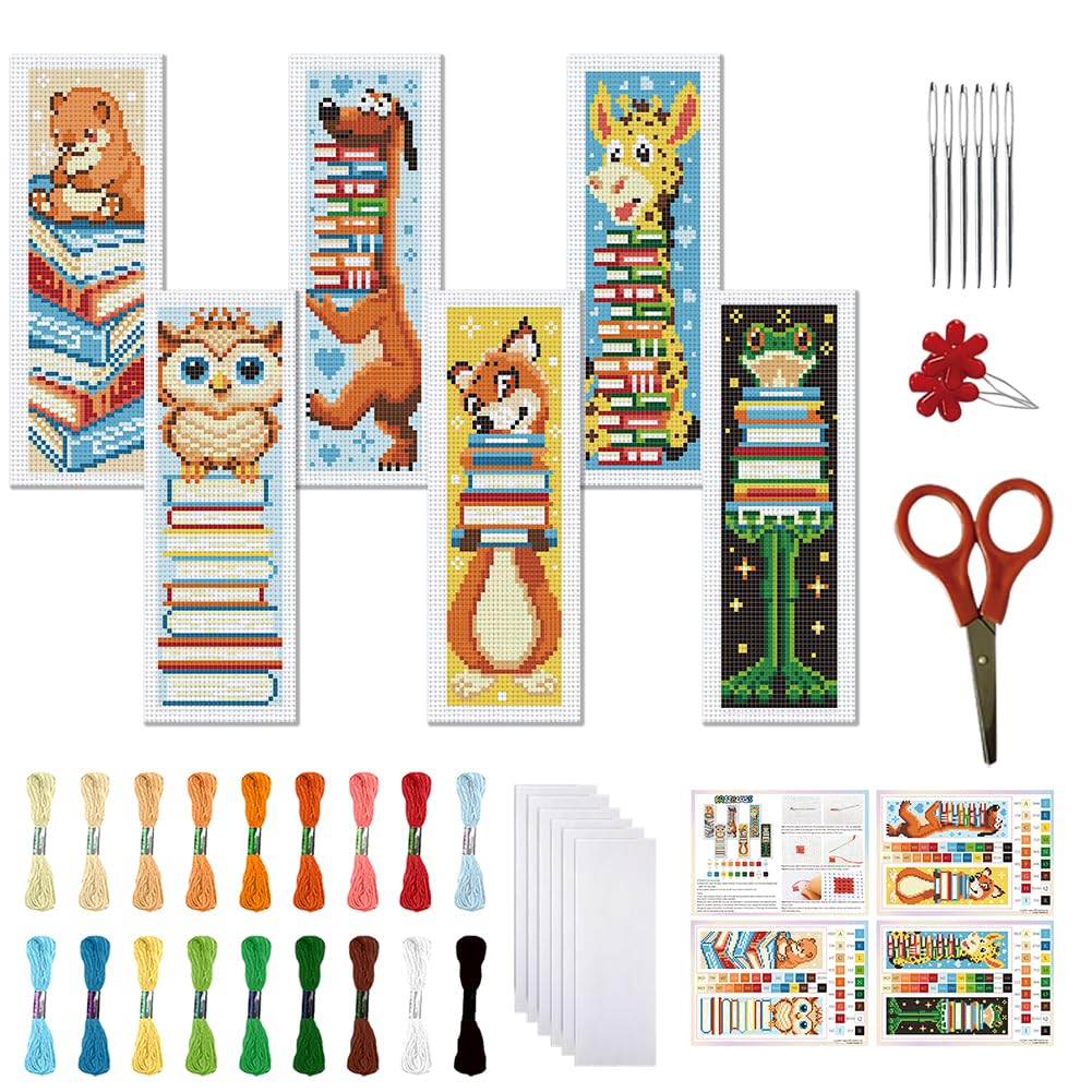 FREEBLOSS 6 Set Cross Stitch Bookmark Kit 11 CT Stamped Cross Stitch Kit DIY Embroidery Bookmark Kits for Adult Beginners with Instructions, Animal Books, 6 x 20 cm/8" x 2.4"
