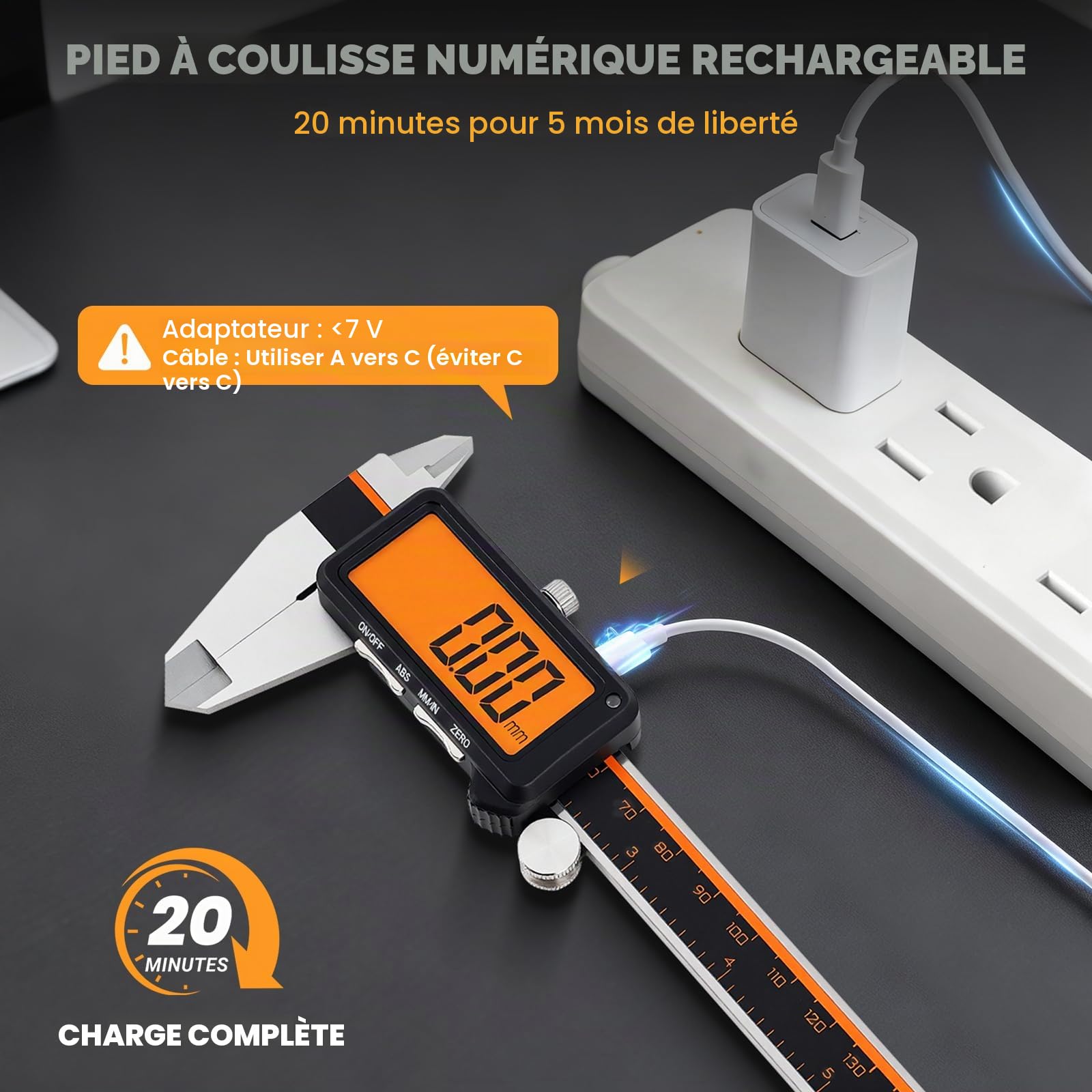 HARDELL Pied à coulisse numérique rechargeable avec grand écran orange, fonction LCD antireflet et ABS, outil de mesure en millimètre, micromètre en acier inoxydable – Arrêt automatique pour bricolage