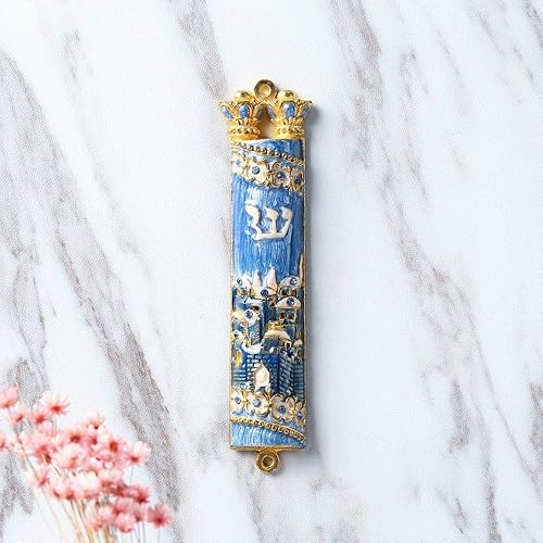 Miniatura 4 de Matashi Mezuzah pintado a mano chapado en oro y cristales (esmalte azul Mezuzah Ciudad de Jerusalén)
