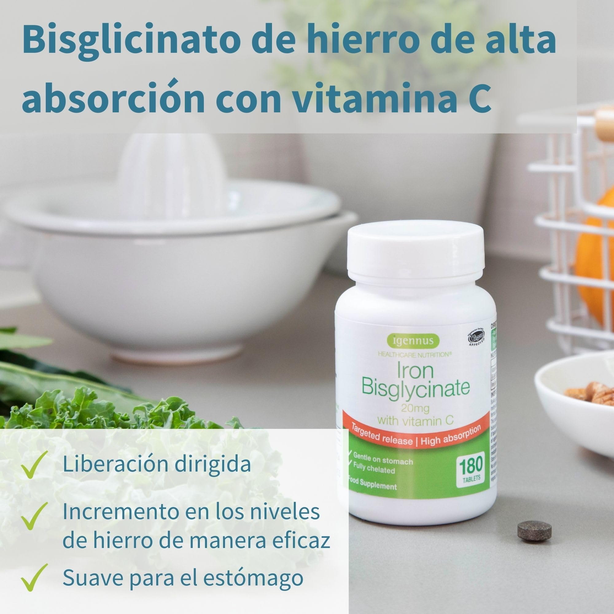 Igennus Bisglicinato de Hierro Quelado 20 mg con Vitamina C, 180 Comprimidos, Suministro para 6 Meses, Fórmula Limpia, Suave y de Liberación Controlada, uno al día, para Hombres y Mujeres, Vegano