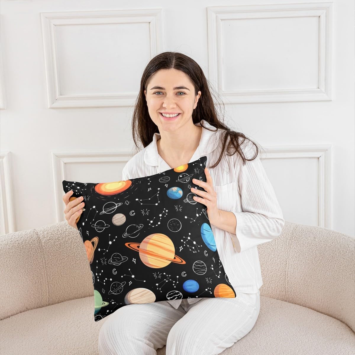 Castle Fairy Cartoon Galaxy Pillow Cover 16x16 Inch,Colorful Planets Universe Cushion Cover for Kids Boys Girls Teens Stars Constellation Hand Draw Cushion Case for Office Living Room image 4