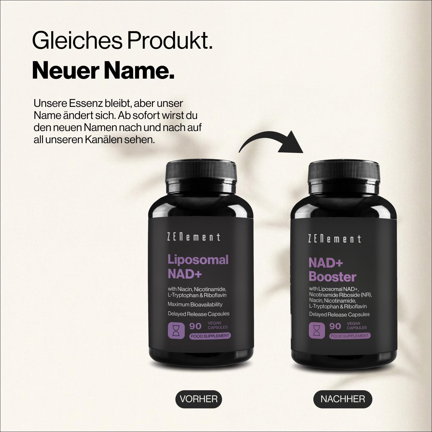 NAD+ Liposomal 500 mg mit Nicotinamide Riboside 250 mg – Doppelformel mit L-Tryptophan, Niacin und Riboflavin – 90 Vegane Kapseln mit Magensaftresistentem Überzug, 45 Tage – Zenement