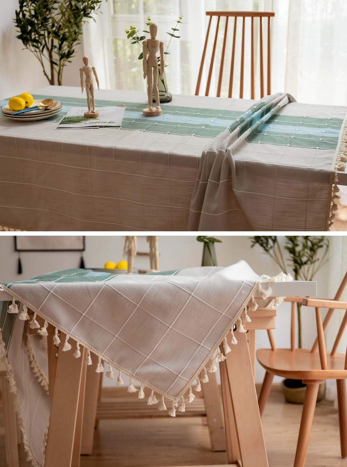 Trendy Moon Tablecloth, Rectangle Table Cloth Cotton Linen Wrinkle Free Anti-Fading Embroidery Checkered Tablecloths Dust-Proof for Kitchen Dining Party (55x120 Inch, Blue-Green Plaid)