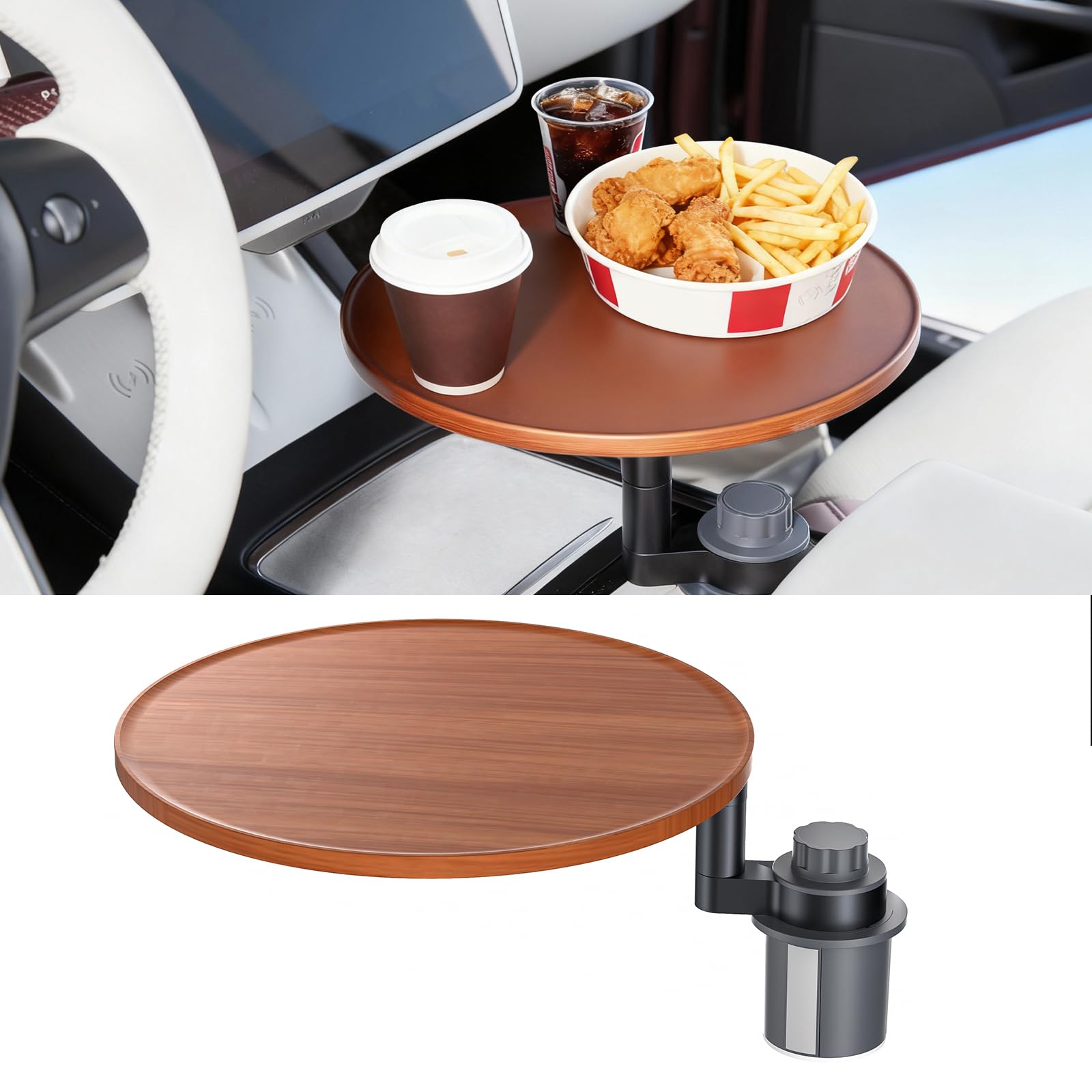 Plateau de voiture et bureau de voiture pour ordinateur portable, support de gobelet en bois rotatif à 360°, plateau de volant, accessoire de voiture pour femmes et hommes, compatible avec Tesla Model