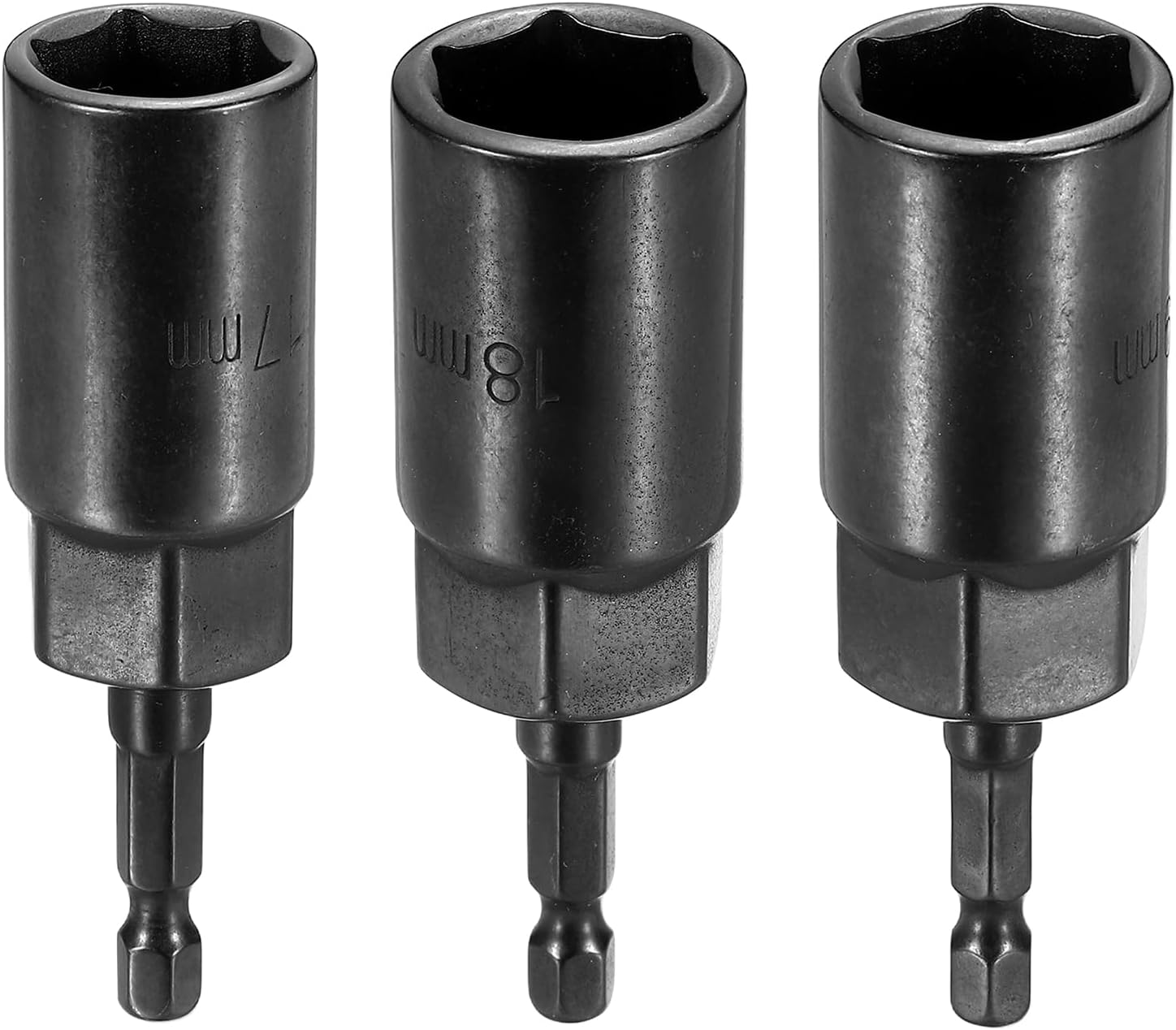 HARFINGTON 3pcs Nut Driver Drill Bit 17+18+19mm Metric Socket 1/4" Hex Shank 3.15" (80mm) Extra Long 6-Point Sockets Quick Change Cr-V Steel Bolt Setters for Power Drill Drivers, Black