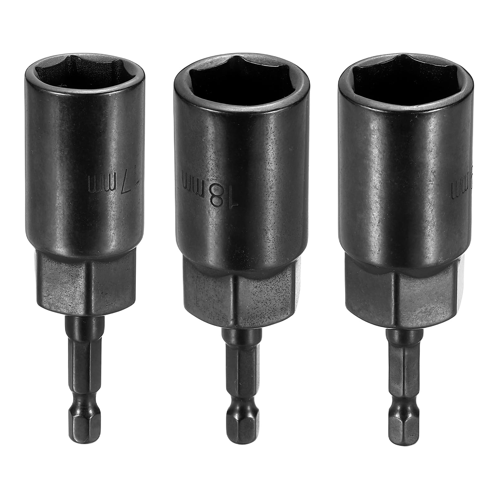 sourcing map 3pcs Nut Driver Drill Bit 17+18+19mm Metric Socket 1/4" Hex Shank 3.15" (80mm) Extra Long 6-Point Sockets Quick Change Cr-V Steel Bolt Setters for Power Drill Drivers, Black