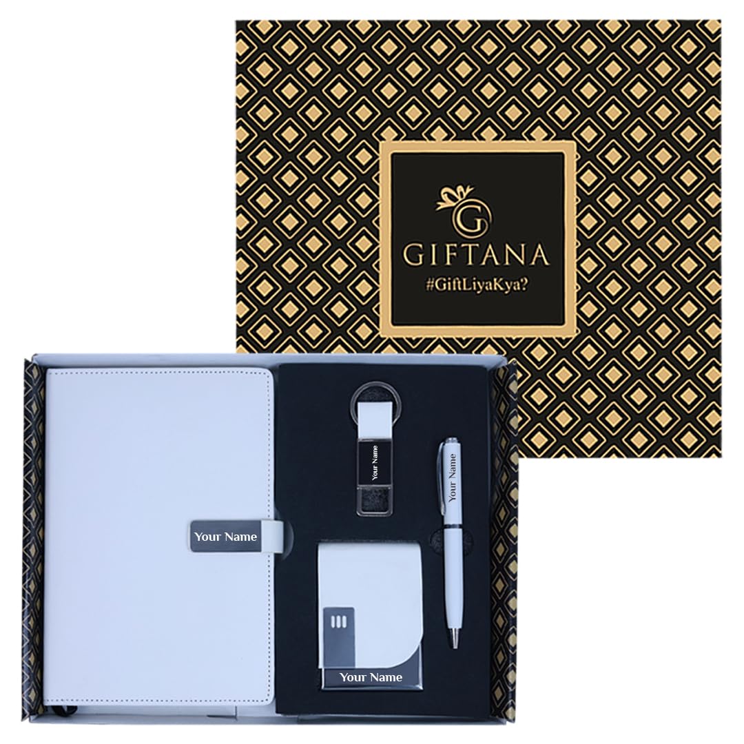 Giftana 4 in 1 Personalized Diary with Pen, Card Holder and Metal Keychain Gift Set with Name, Personalised Gift Set for Doctor, Husband, Diwali Gifts, New Year Corporate Gift for Employee (White) Giftana 4 in 1 Personalized Diary with Pen, Card Holder and Metal Keychain Gift Set with Name, Personalised Gift Set for Doctor, Husband, Diwali Gifts, New Year Corporate Gift for Employee (White)