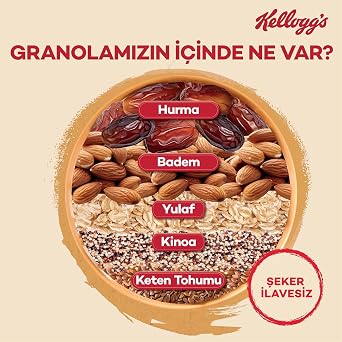 Kellogg's Additional Unsweetened Granola with Dates and Almonds contains 250 G, 43% Oats, Fiber Source, 10% Dates