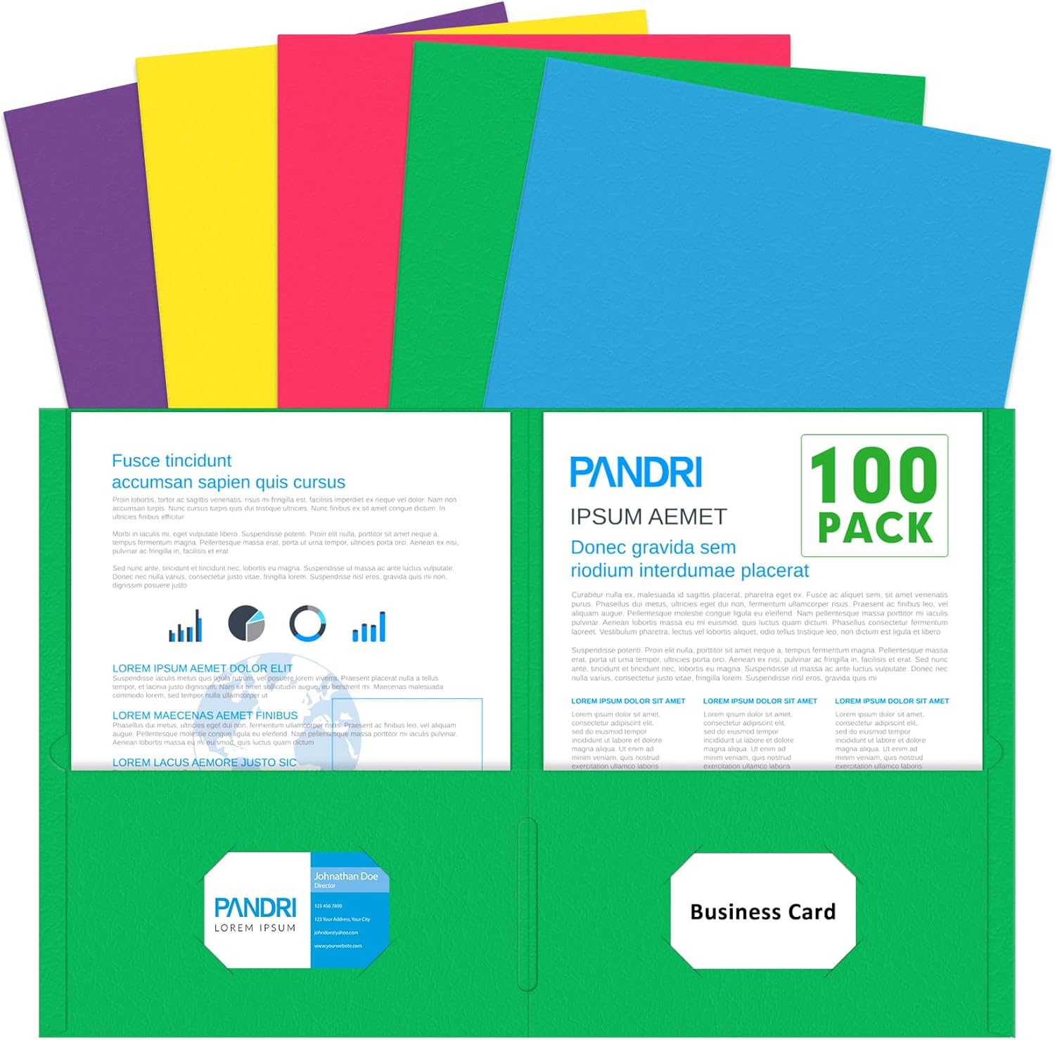 Two Pocket Folders, PANDRI 100 Pack 2 Pocket Folders, Letter Size Paper File Folder for School Office Home Business, Assorted 5 Colors